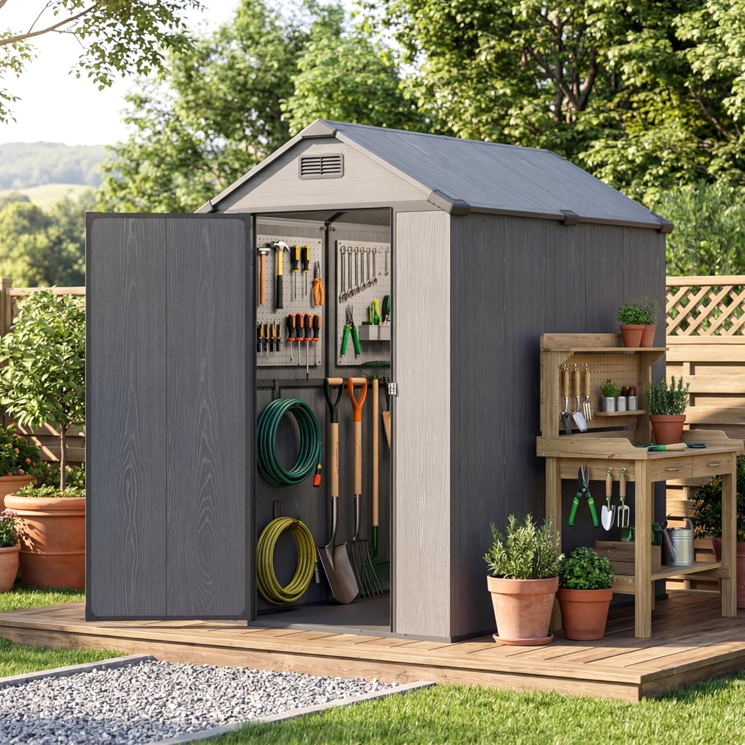 Devoko 4x6 FT Plastic Outdoor Storage Shed with Floor, Resin Outdoor Shed with Lockable Door, Sloped Roof & Vent, Versatile Tool Shed for Patio Lawn Backyard, Dark Grey