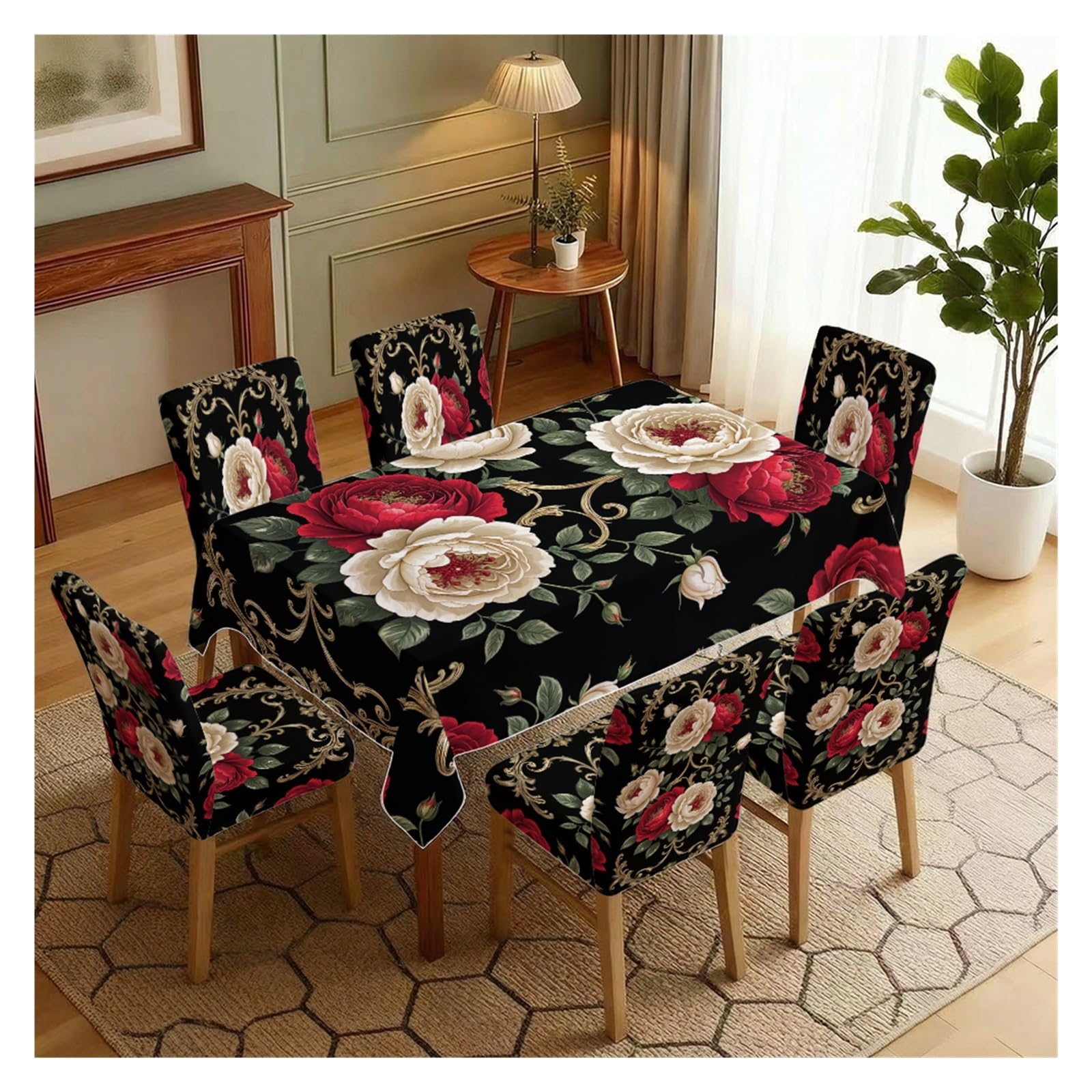 KXUAUV Vintage Rose Print Stretch Chair Covers & Tablecloth Set, For Dining Room Kitchen Formal Dinner Holiday Banquet Decor, 5/7 Pack Party Decor(7pcs Set: Tablecloth+Chair Covers)