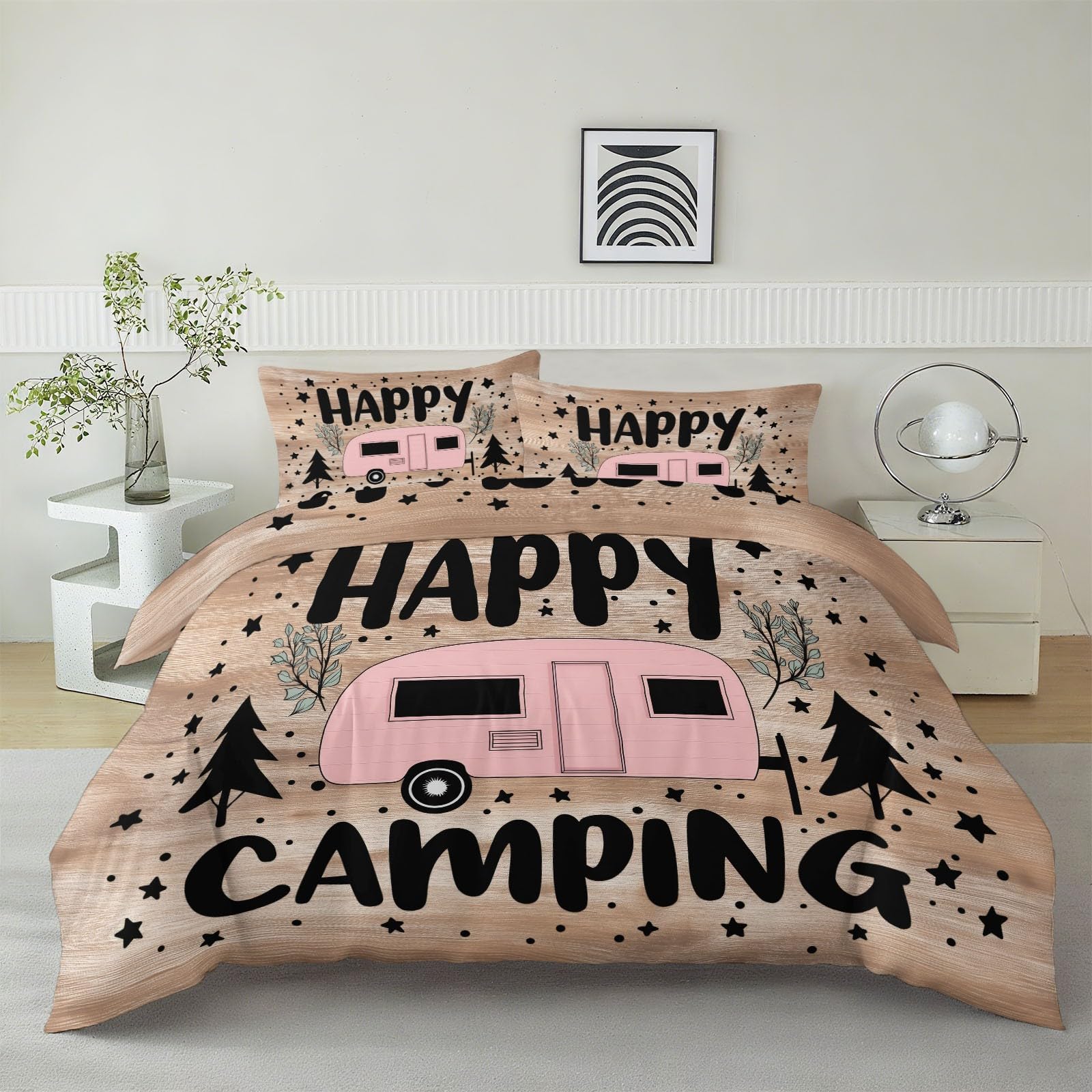 Copripiumino Matrimoniale Set 200 x 200 cm con 2 Federa, Campeggio Divertente Tema All'Aria Aperta Copripiumino in Morbido e Anallergico 100% Microfibra con Cerniera per Bambini e Adulti, Cachi