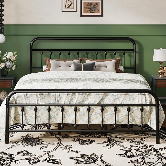 SHA CERLIN King Size Metal Platform Bed Frame with Victorian Style Iron