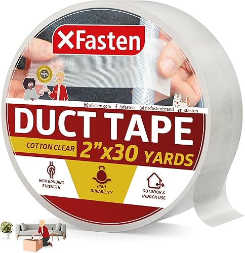 XFasten Cinta adhesiva de algodón transparente, 2 pulgadas x 30 yardas, cinta adhesiva transparente fácil de rasgar para uso comercial, reparación
