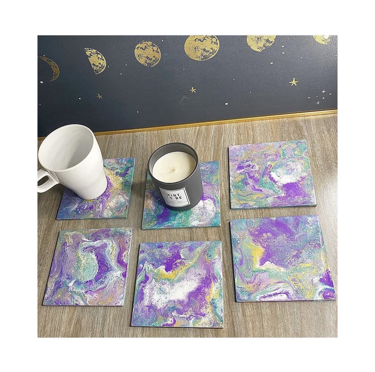 Hand Crafted Unique Resin Coasters Geode Agate Home Decor Multiple Designs (Purple/Gold/Green Set of 6)