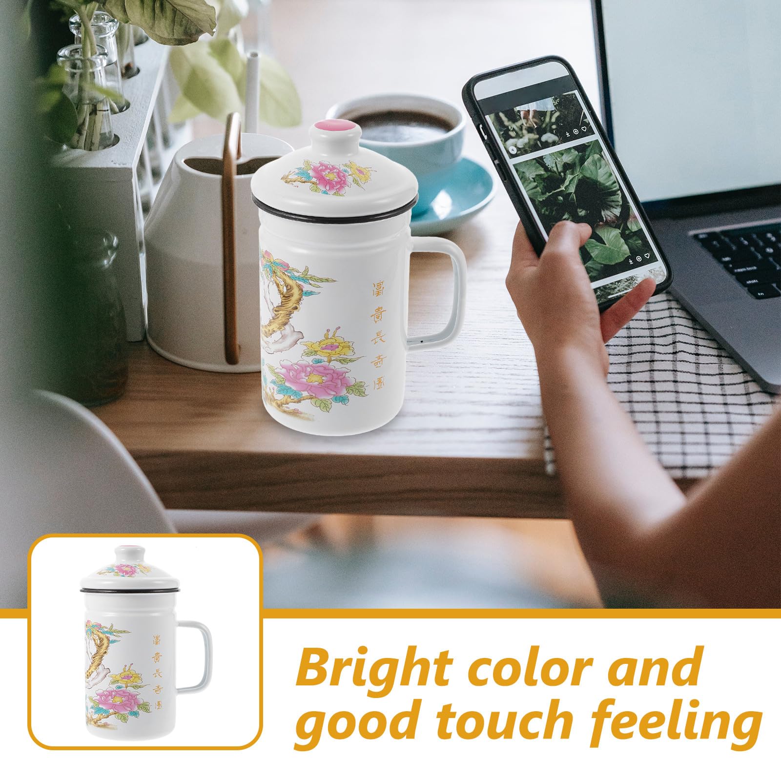 Taza de Esmalte y Mango Ergonómico Capacidad 0.6 L con Infusor de Té Diseño Resistente al Calor para Oficina y Hogar