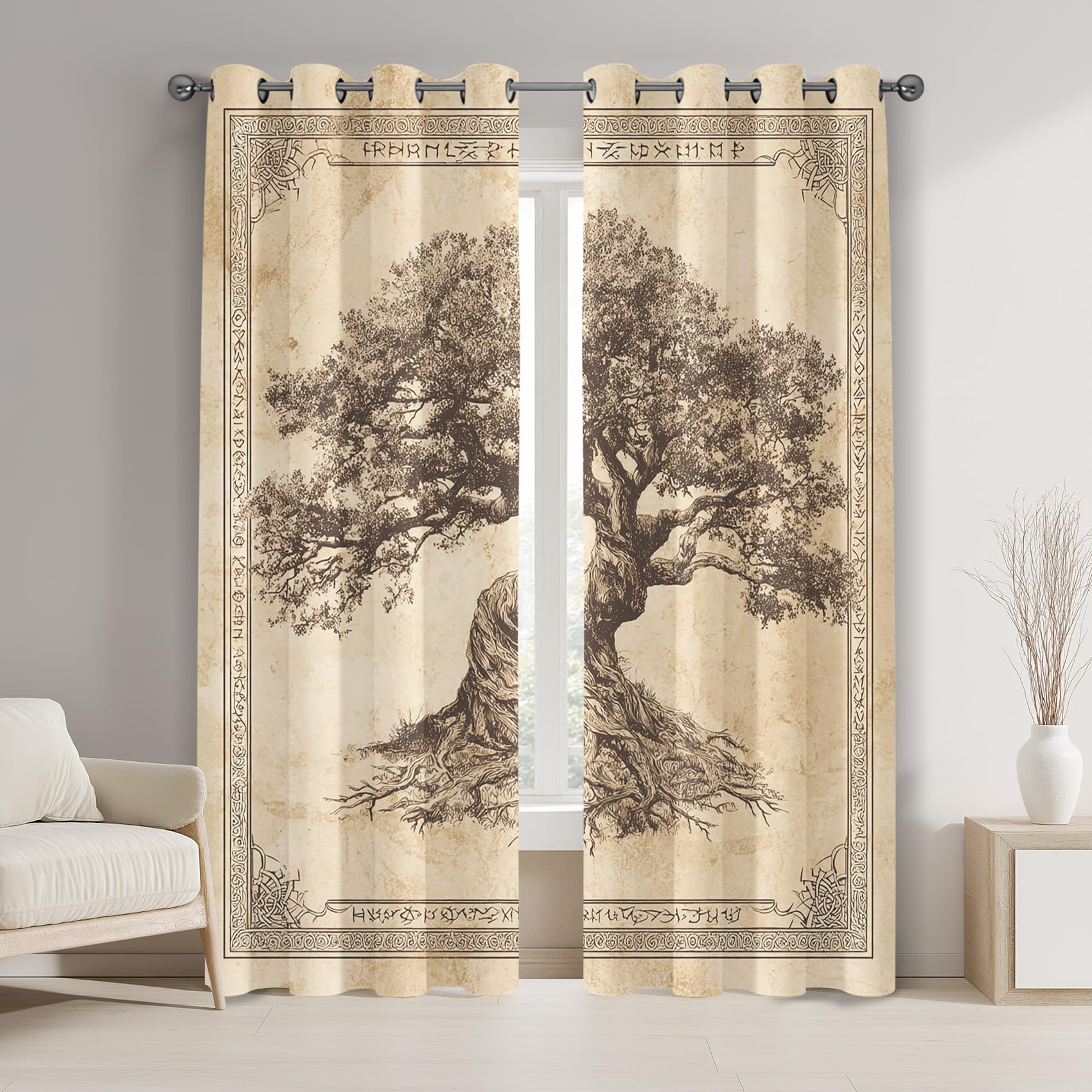 Generisch Wikinger Keltisch Vorhänge Blickdicht, Baum des Lebens Gardinen mit Ösen für Wohnzimmer Schlafzimmer, Thermovorhang Kälteschutz Fenster 2er Set H 183 x B 117 - Sd&K357