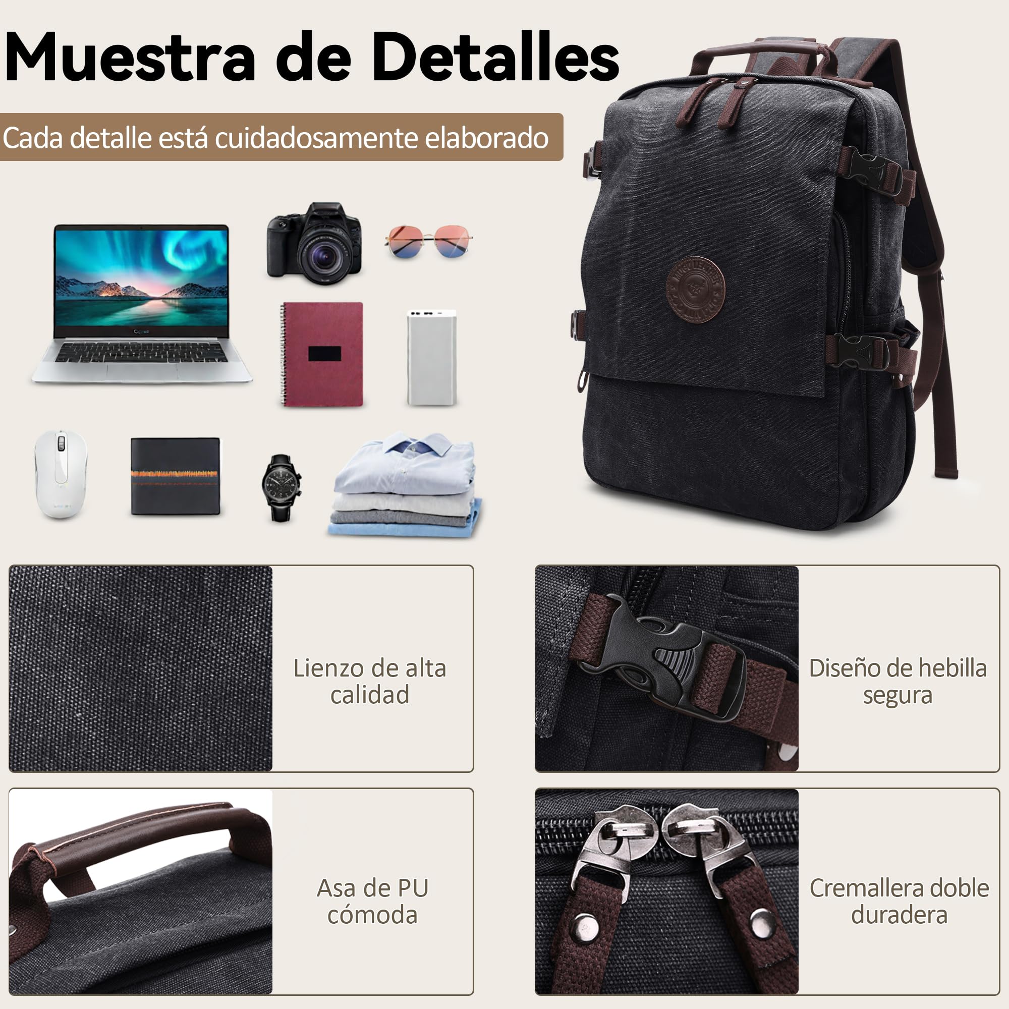 Viaje Mochila Hombres Mochila para Portátil Adapta a 15.6 Pulgadas Portátiles Mochila de Negocios Trabajar Viaje Causal Escolar Montañismo Cámping Durable Lona Mochila Negro