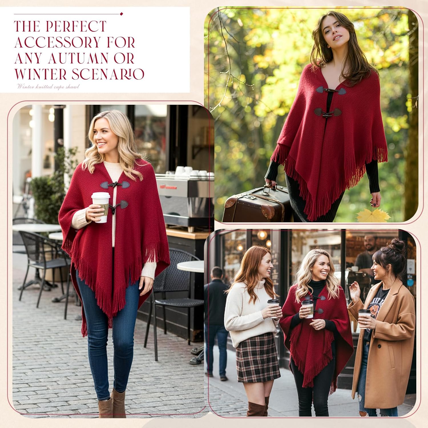 Women Ponchos Sweater Solid Knit Versatile Lightweight Shawl Wrap Horn Button Scarf Cape Poncho Accessories - Image 5