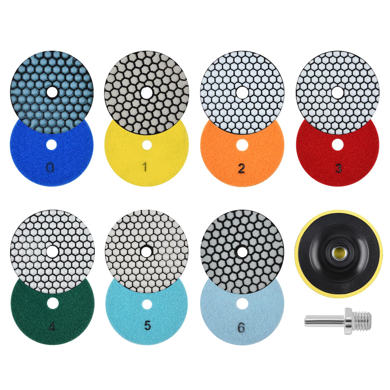 100 mm sucha diamentowa tarcza polerska, 9 sztuk, ziarnistość #50, #100, #200, #400, #800, #1500 i #3000, tarcze polerskie z talerzem podporowym M14, do szlifierek kątowych