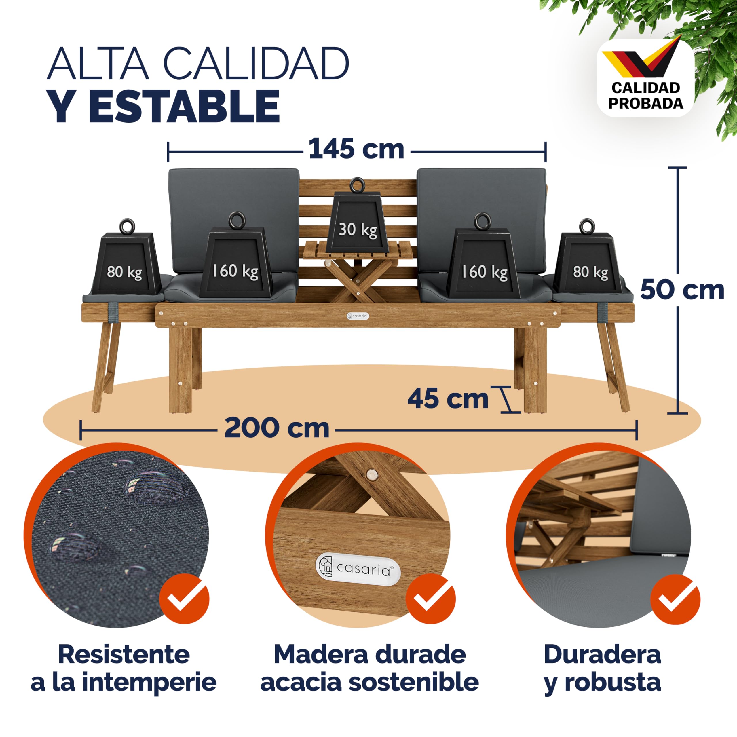 CASARIA Banco de Jardín Plegable con Mesa 200x50cm Madera de Acacia | Certificación FSC, Carga hasta 320Kg, Tumbona 200cm, Incluye Cojines, Mesa desplegable, Patio, Terraza, Resistente, Robusto