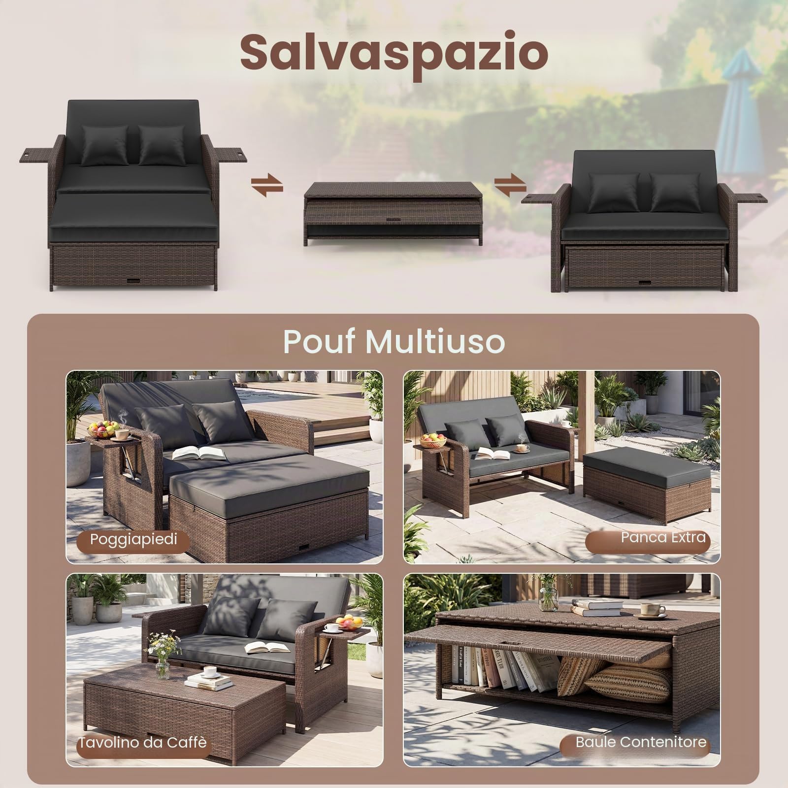 GIANTEX Divano da Giardino in Rattan con Poggiapiedi, Doppio Divano da Esterno con Schienale Regolabile, Mobili da Giardino per Terrazza, Balcone, Cortile | Design 3 in 1