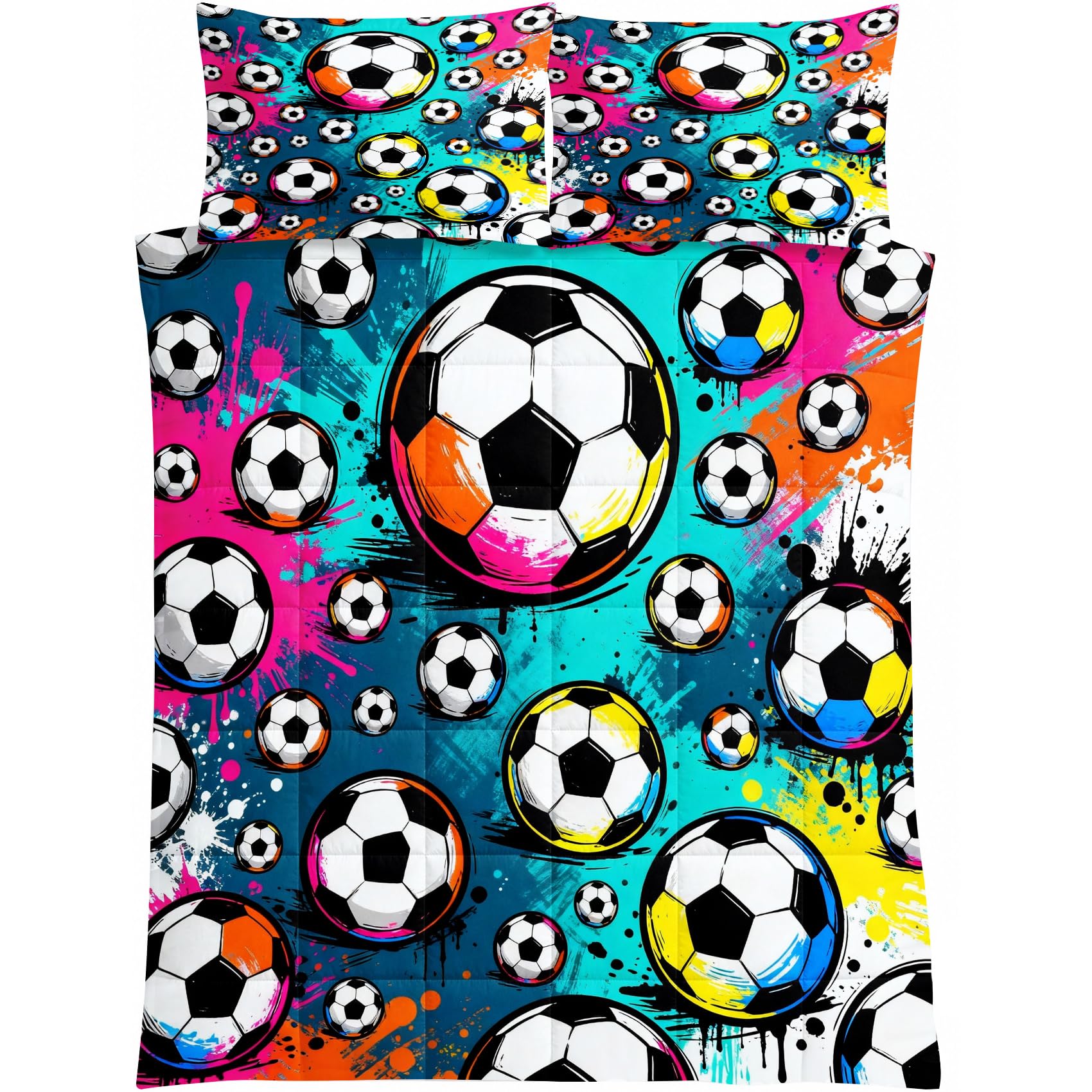 Generisch Fußball Bettdecke 135x200, Sport Thema Ganzjahresdecke | Wende Bunt Graffiti 4 Jahreszeiten Bettdecke ohne Bezug, Mikrofaser Steppdecke mit 2 Kissenbezügen 80x80, Waschbar, kL117a
