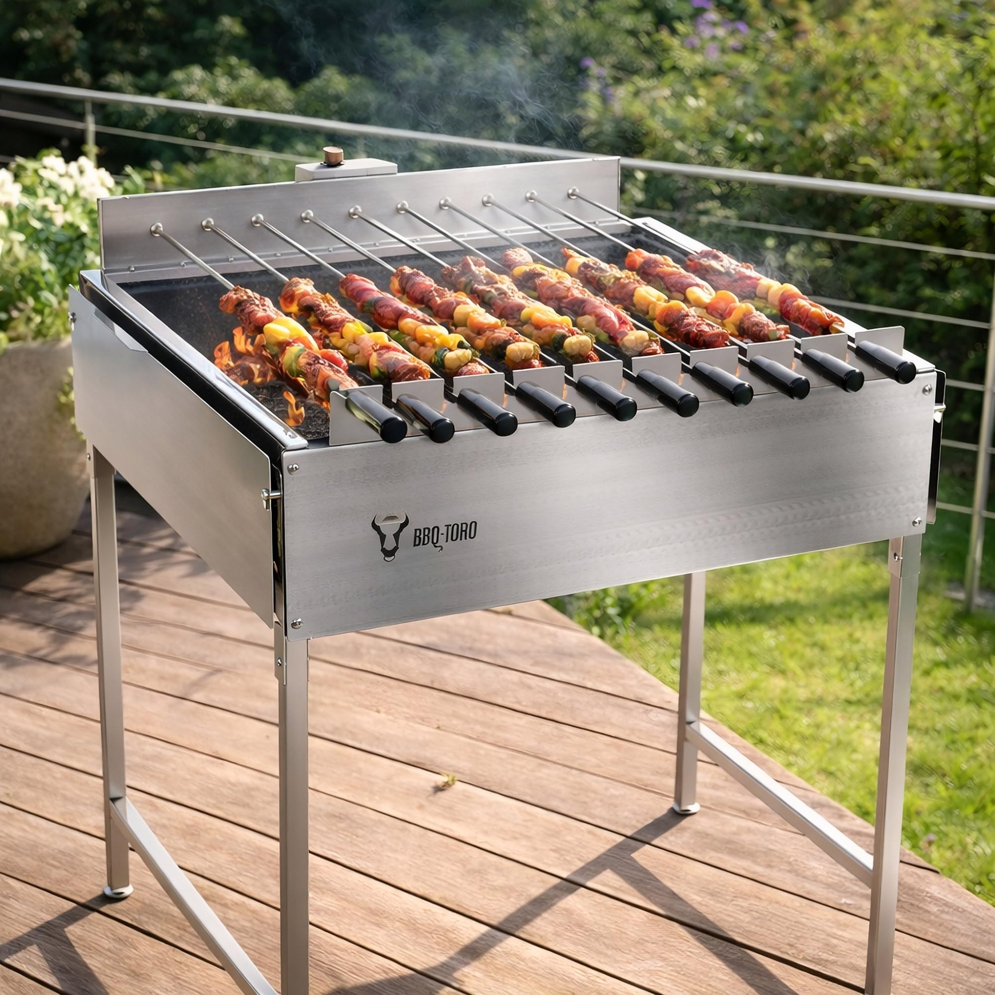 BBQ-Toro Griglia a carbone di legna con girarrosto elettrico | Griglia con girarrosto in acciaio inox con 11 spiedini e motore | Con spina e USB
