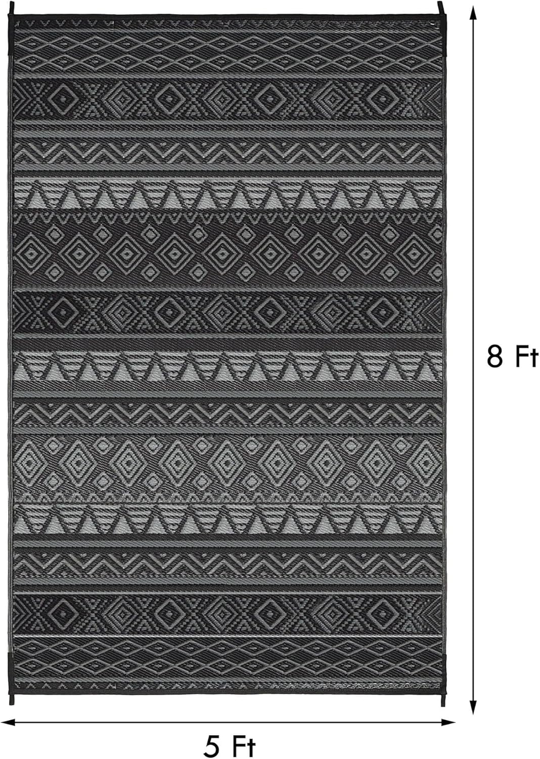 RURALITY Outdoor Rugs 5'x8' Waterproof for Patios Clearance,Plastic Straw Mats for Backyard,Porch,Deck,Balcony,RV,Black&Grey