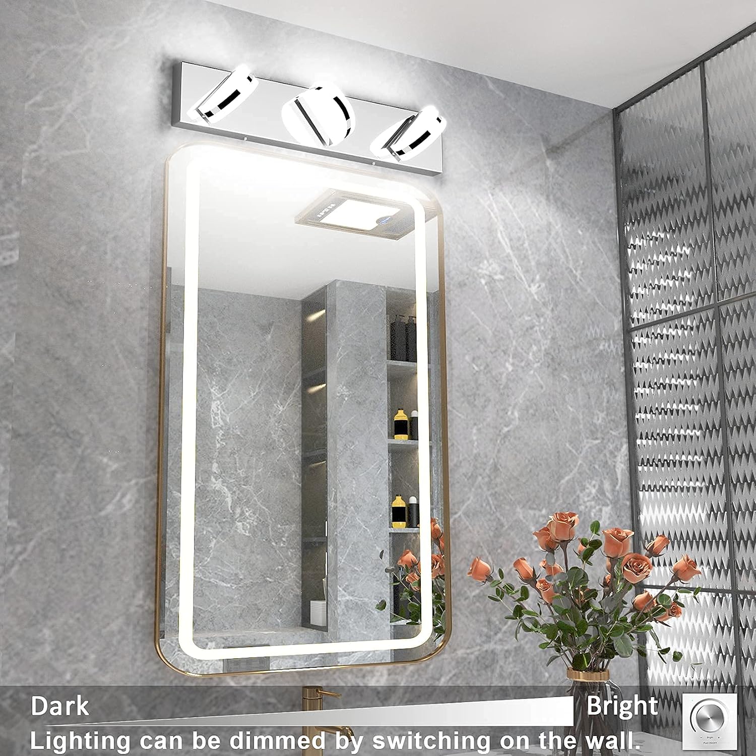 Aipsun 3 Lights Dimmable Modern LED Vanity Light for Bathroom Frosted White Acrylic Chrome Up and Down Bathroom Wall Light Fixtures Over Mirror(White Light 6000K)