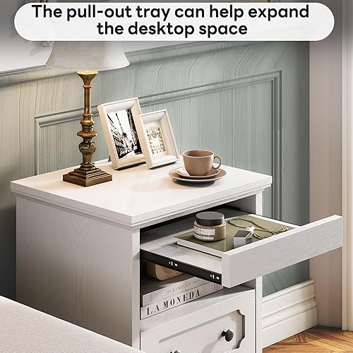 Miniatura 5 de LIKIMIO Mesita de noche, moderna mesita de noche con 2 cajones, estante abierto, mesa auxiliar con bandeja extraíble, mesa auxiliar de madera, color