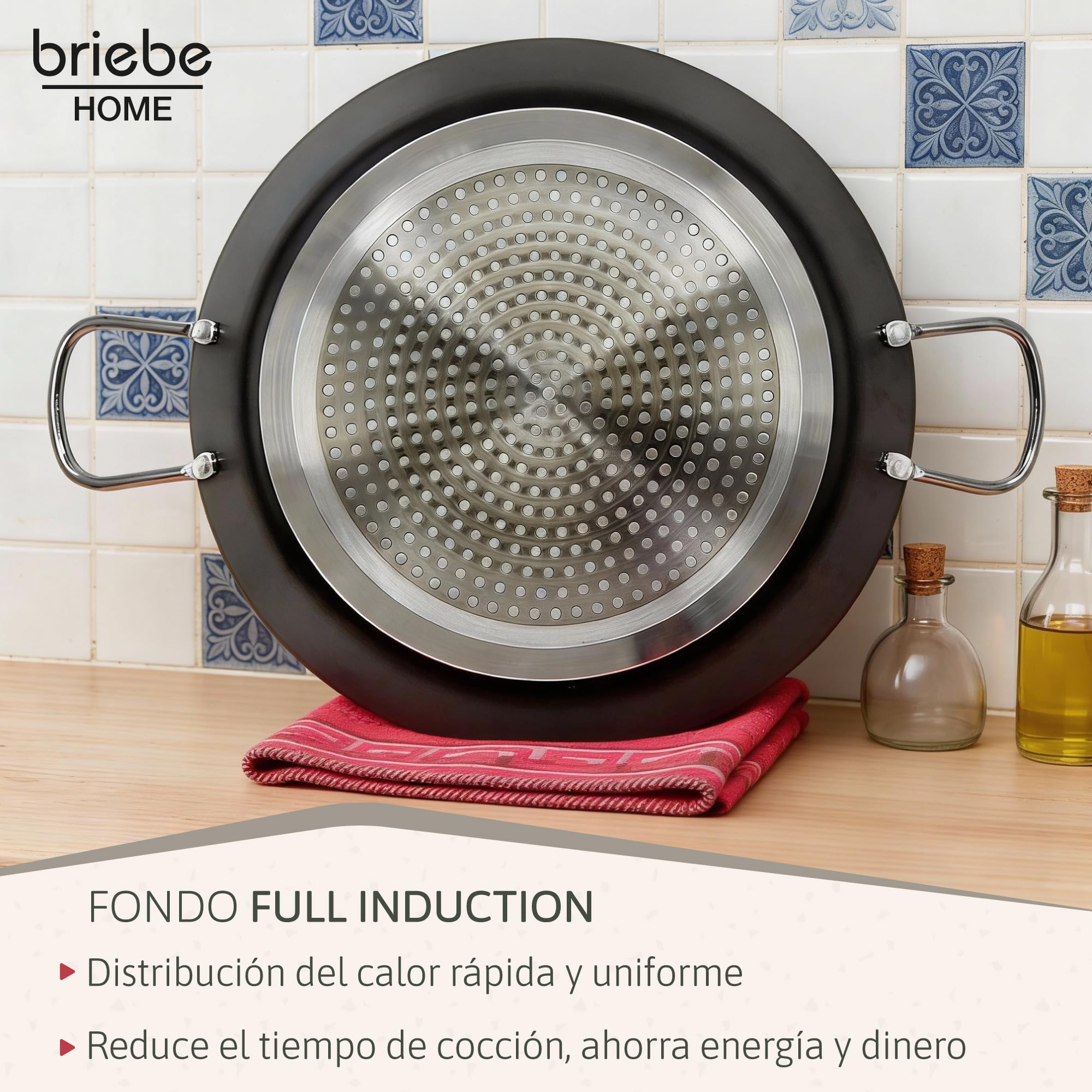 briebe Zafrán Paellera Inducción 38 cm, 7-8 Raciones de Paella, Antiadherente ILAG Ecológico sin PFOA, 3 mm Espesor, Aluminio Prensado, Apta Todas las Cocinas, Vitrocerámica, Gas, Horno