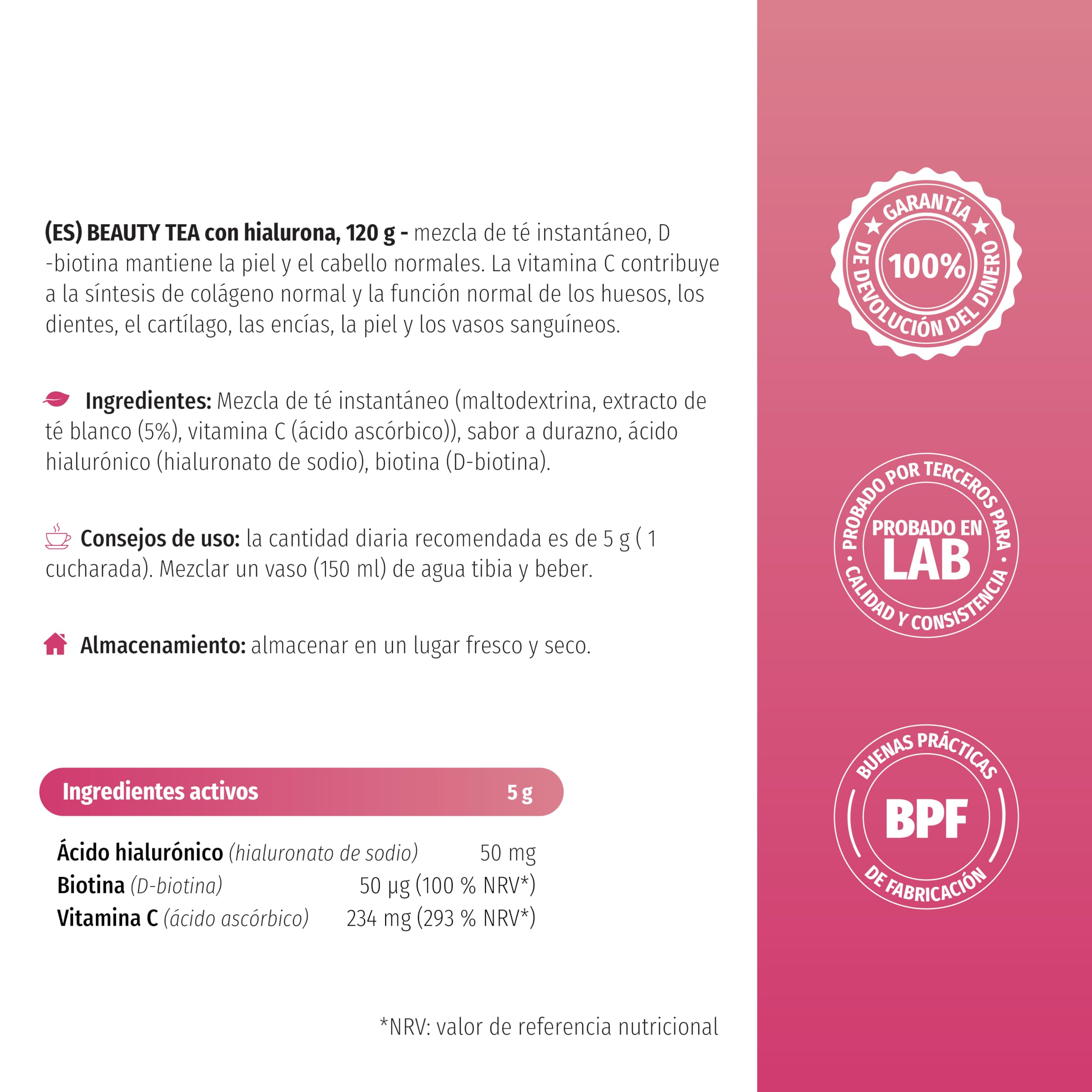Nature's Finest Beauty Tea, Té Instantáneo 600 g (Paquete de 5) | té instantáneo con ácido hialurónico, biotina y vitamina C - sabor melocotón - sin edulcorantes - se disuelve en agua tibia
