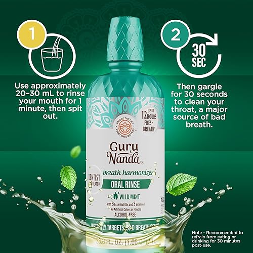 Miniatura 6 de GuruNanda Enjuague bucal Fresh Breath, aceptado por la ADA, sin alcohol ni fluoruro, clorito de sodio, aceites esenciales y vitaminas, 12 horas de
