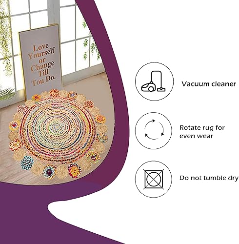 Miniatura 3 de Eleet Alfombra reversible de algodón hecha a mano, 4 pies, multicolor, tejida a mano, trenzada (4 pies, algodón redondo y yute)