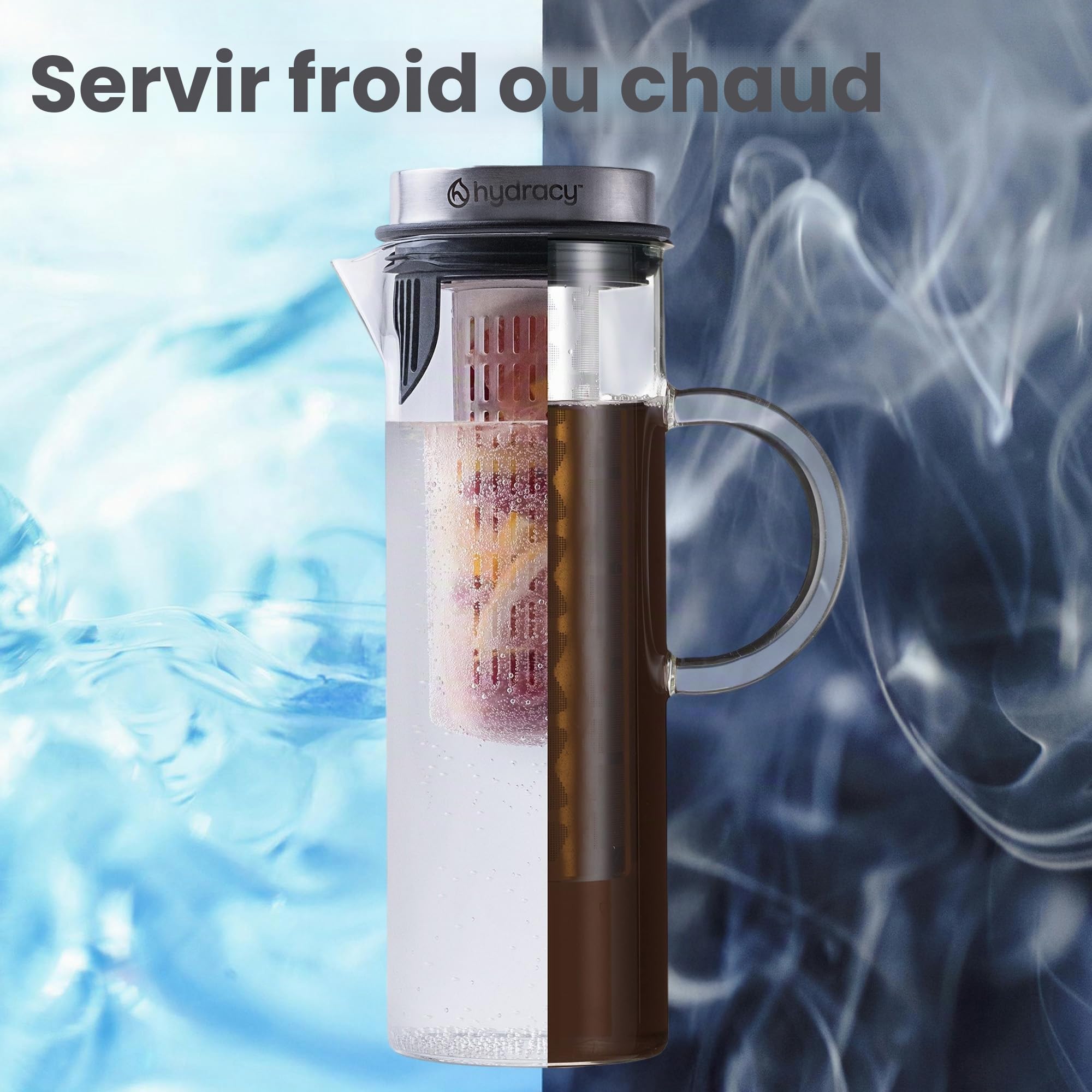 Cafetière Hydracy 1,5L Verre Borosilicate Acier Inox pour Café Thé Glacé Infusion Fruits