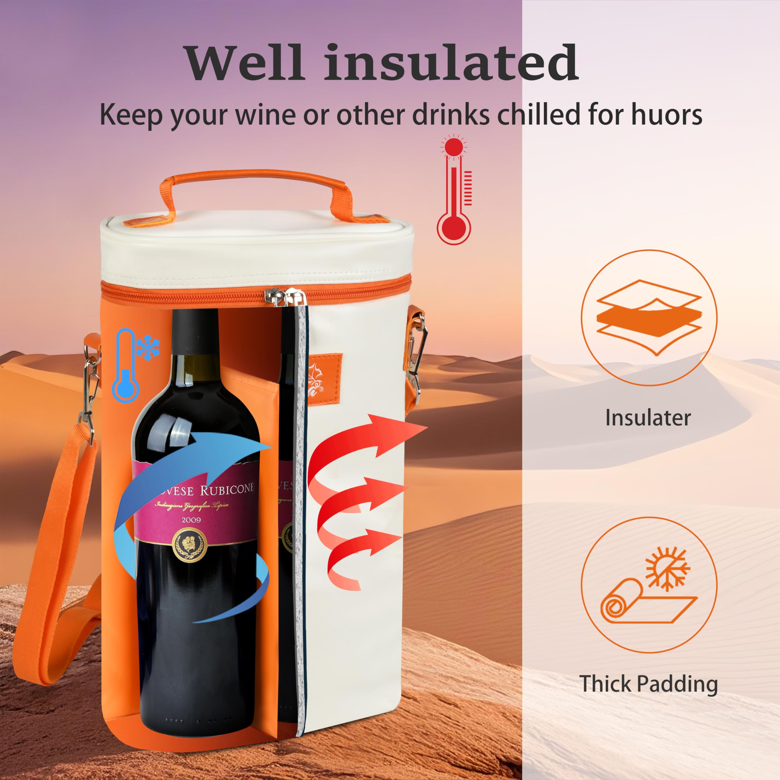 Tirrinia 2 Bottle Wine Gift Tote Carrier - Leakproof & Insulated Padded Versatile Wine Cooler Bag for Travel, BYOB Restaurant, Wine Tasting, Party, Dinner,Gift for Wine Lovers, Beige: White Orange 2 Bottle
