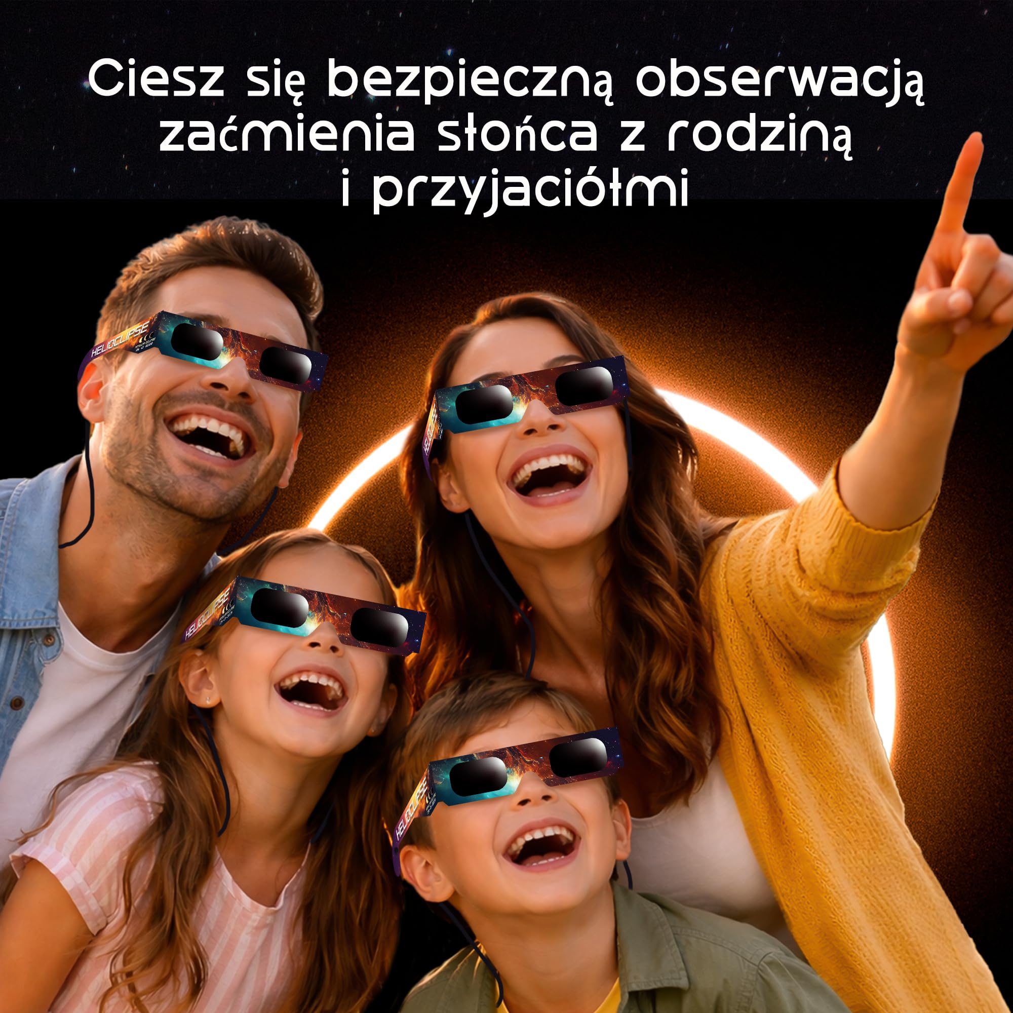 Okulary do oglądania zaćmienia Słońca Helioclipse 6 szt. 2026 - Przeznaczone do bezpiecznego oglądania zaćmienia Słońca - Zestaw 6 szt. - Bonus 1x filtr do telefonu