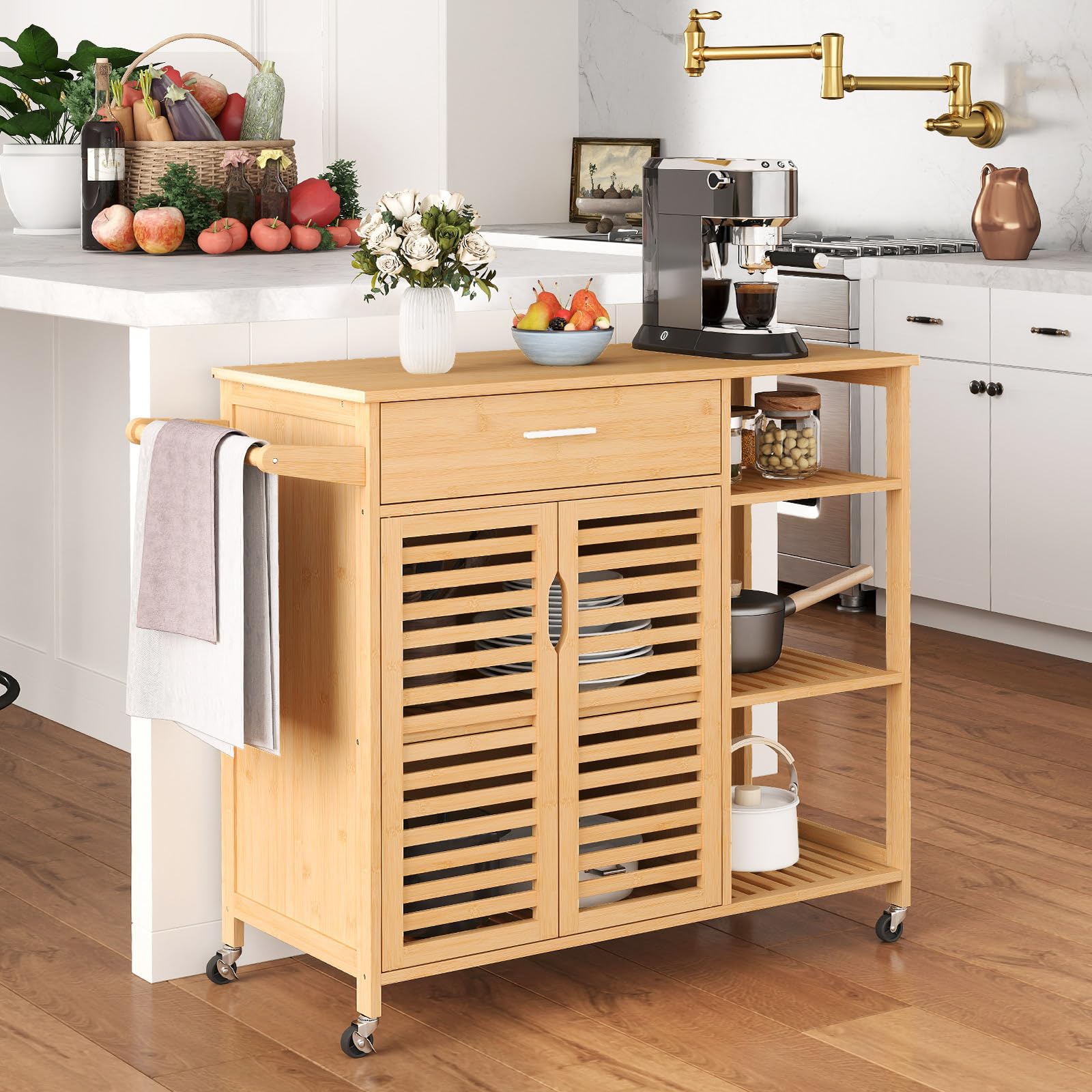 GIANTEX Chariot de cuisine sur roulettes, armoire de cuisine en bambou avec tiroir et portes à lattes, îlot de cuisine mobile, chariot de service avec étagères ouvertes et porte-serviettes, chariot de