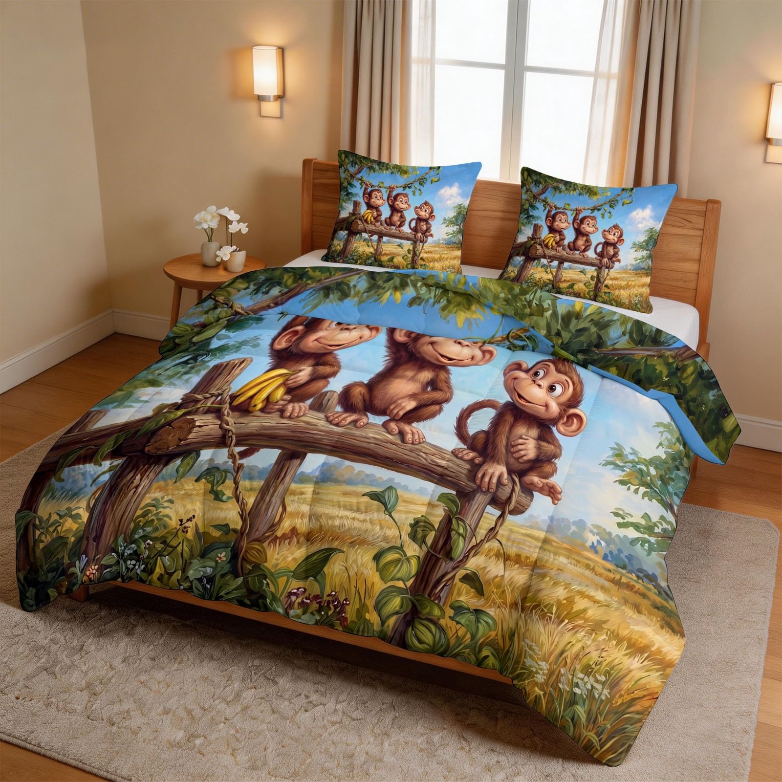 Kołdra całoroczna 240 x 220 cm, dwustronna kołdra bez poszewki z motywem dżungli z kreskówki - na 4 pory roku, słodka małpa, miękka, ciepła kołdra do spania dla alergików, kolorowa