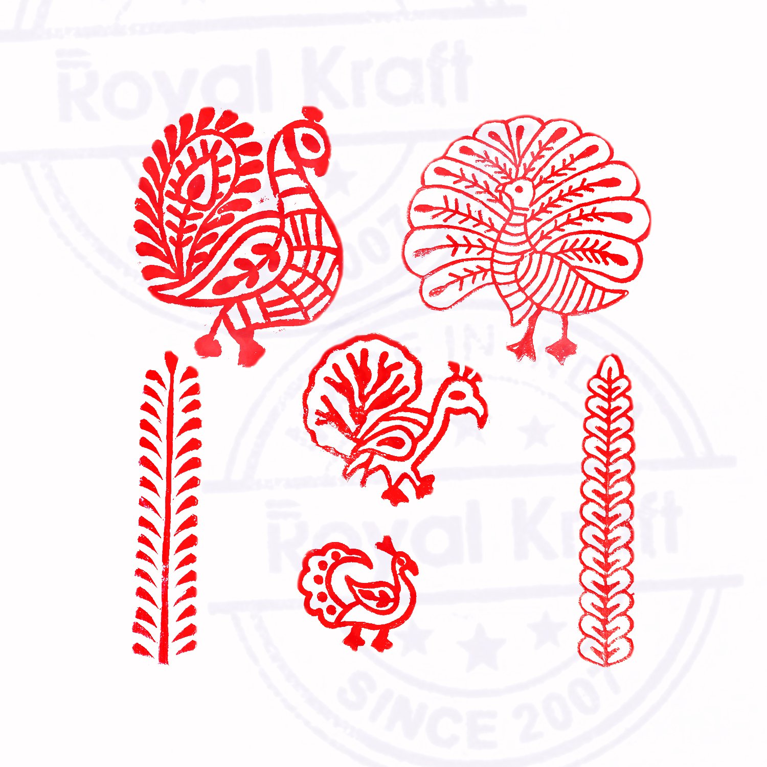 Royal Kraft Set 6 Timbri In Legno - Forme Cuore E Pavone Per Stampa Su Carta, Tessuto, Argilla E Ceramica - 2