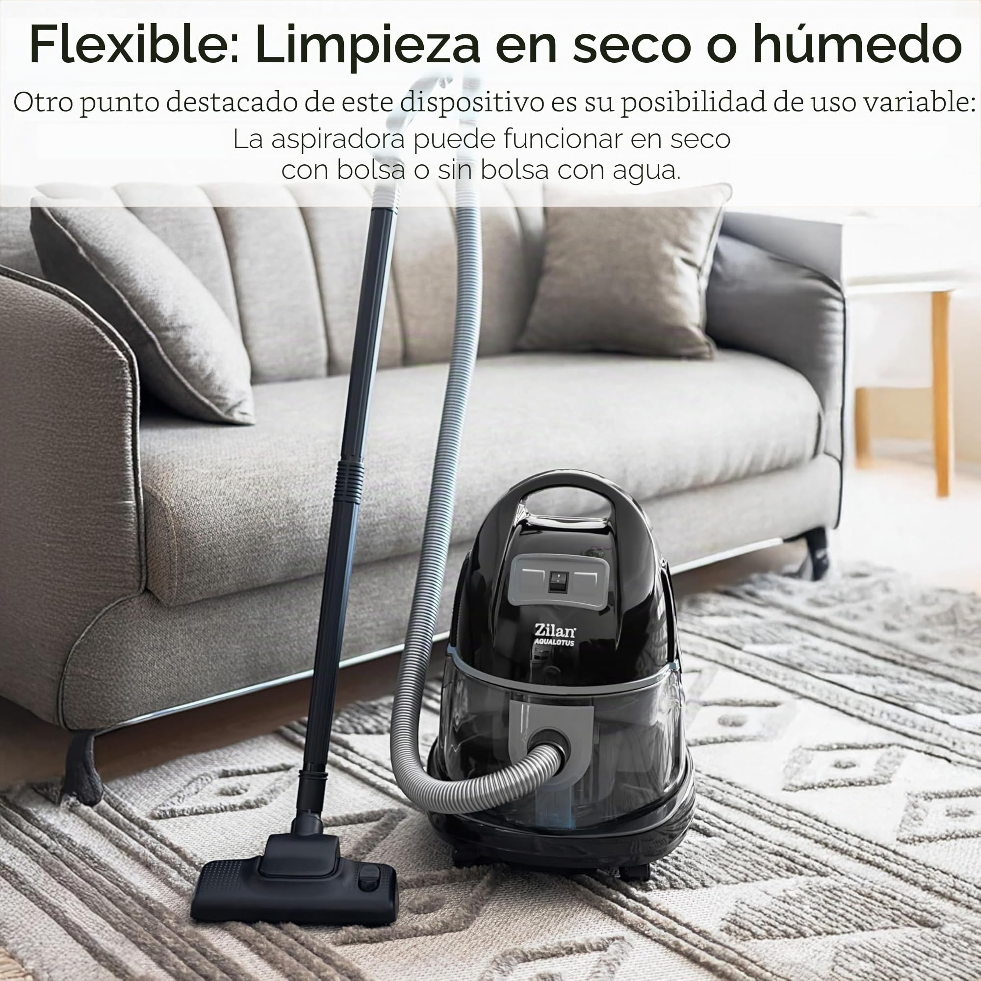 Zilan - Aspirador con filtro de agua sin bolsa H20, potencia de succión 2000 W, aspiradora sin bolsa, manguera de 360°, apta para alérgicos, apto para suelos y alfombras
