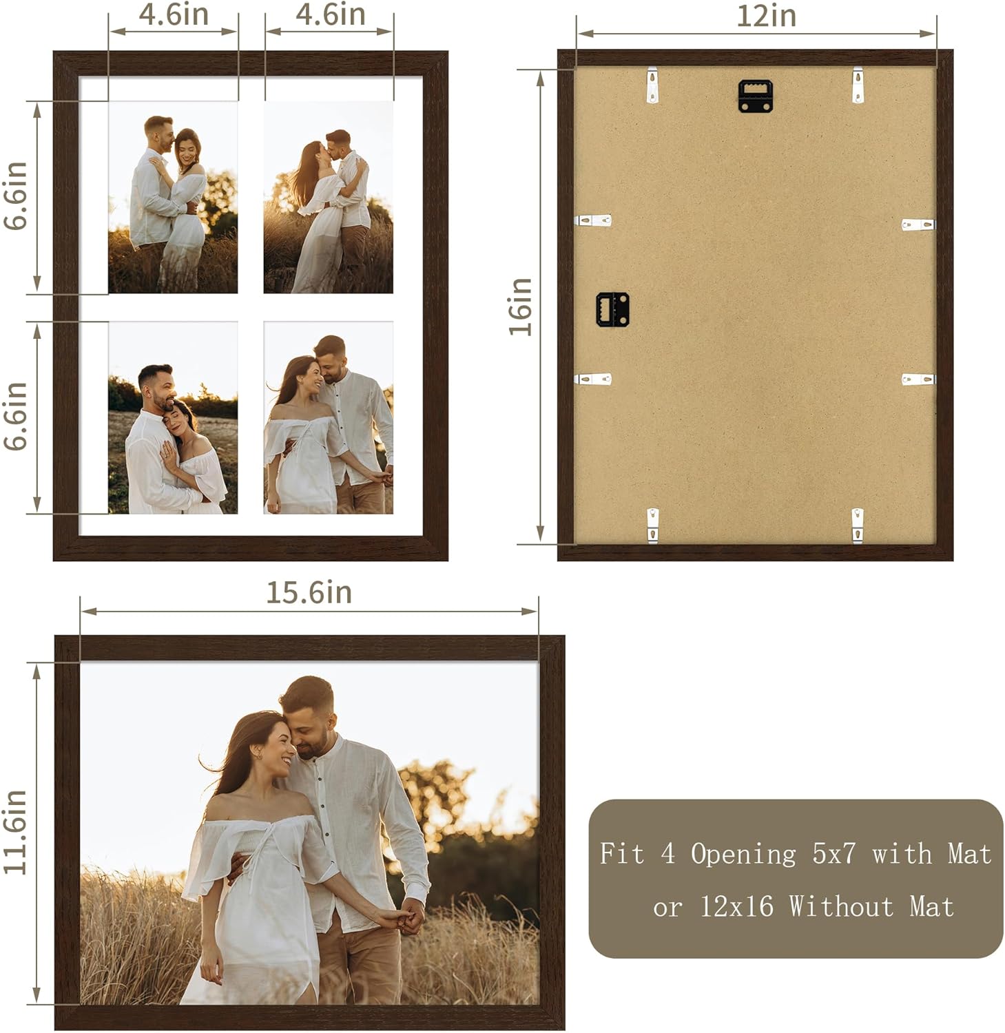 12x16 Picture Frame - 12 x 16 Photo Frame Made of Solid Oak Wood and Real Glass,Display Picture 4 Opening 5x7 with Mat or 12x16 Without Mat for Wall Mounting(Color Walnut) - Image 4