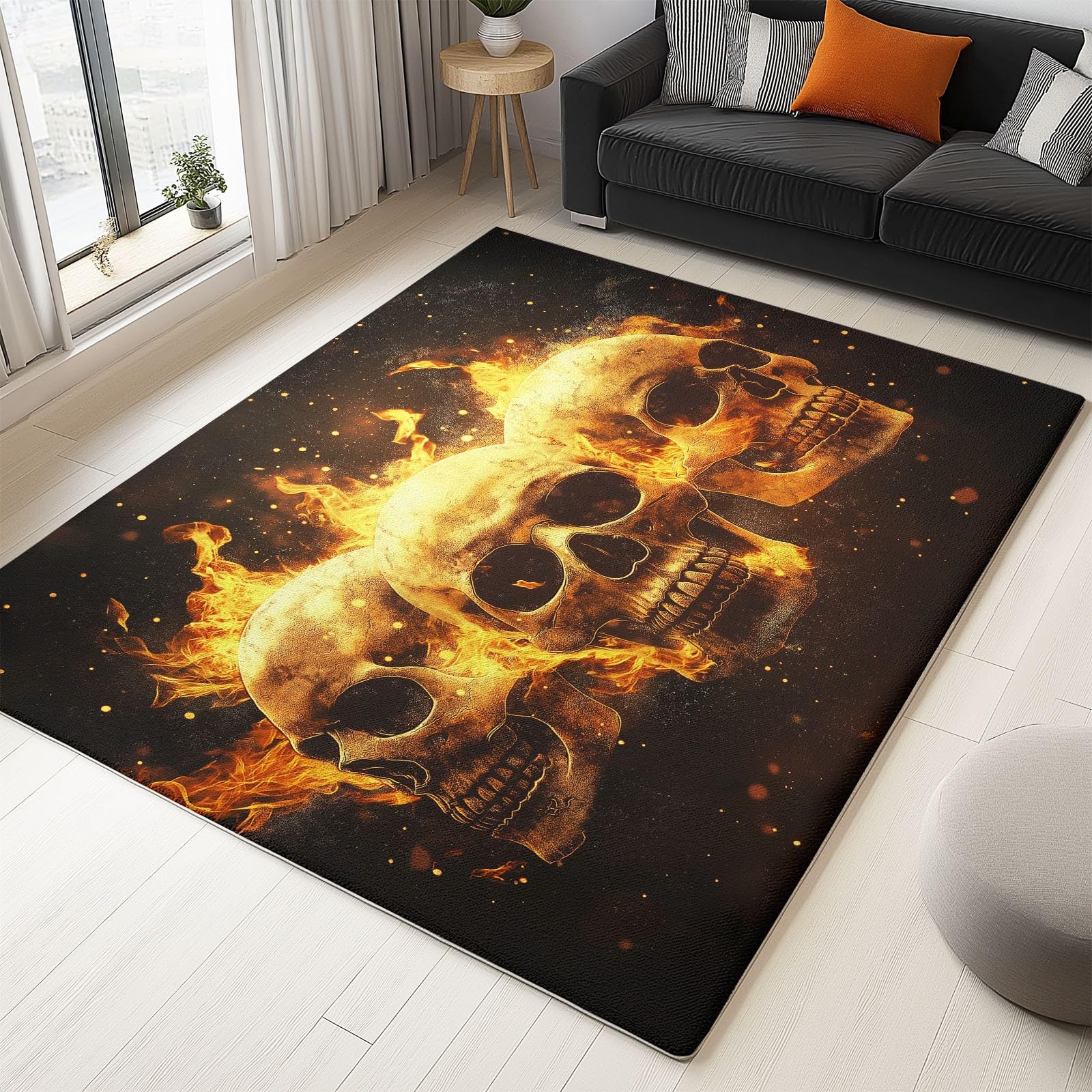 Tapis gothique tête de mort flamme lavable et antidérapant noir 80x150