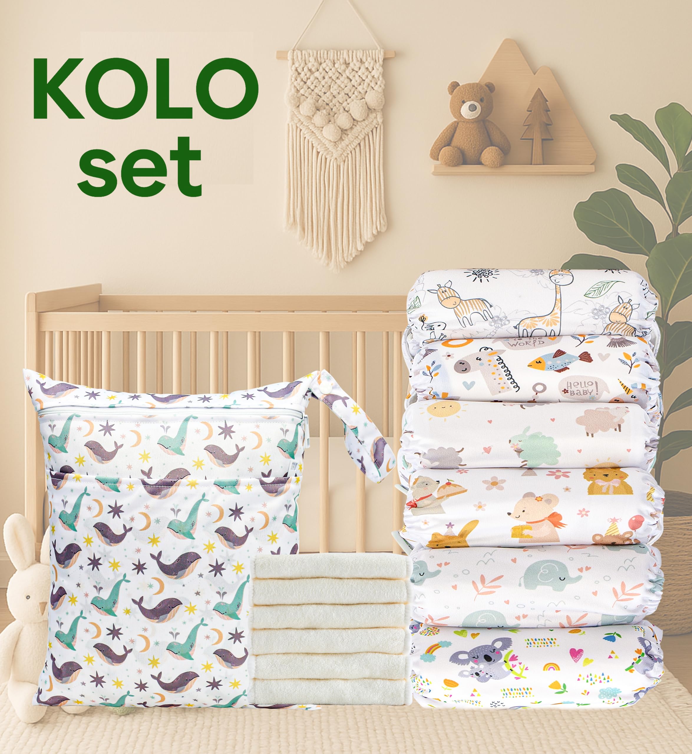 Kolo Juego de 6 pañales lavables, 6 pañales de tela de bambú, bolsa de pañales para viajes, unisex ajustable pañales de tela para bebé