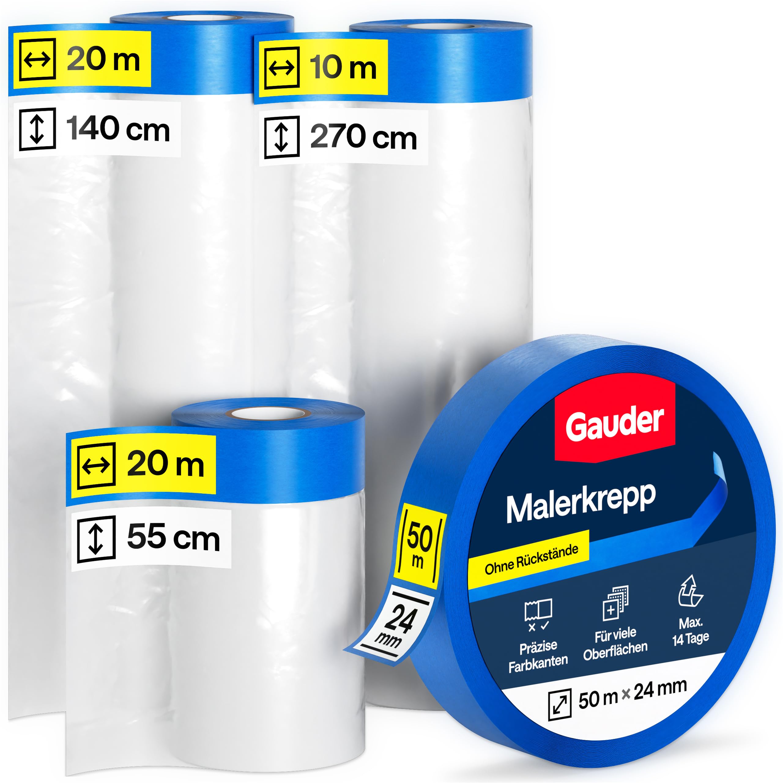 GAUDER 50 Meter Abdeckfolien-Set mit Klebeband (55 + 140 + 270 cm) und Malerkrepp (24 mm x 50 m) - 66 m² Malerfolie mit Klebeband - Set Malerband Abklebefolie perfekt für Fenster, Türen und Schalter