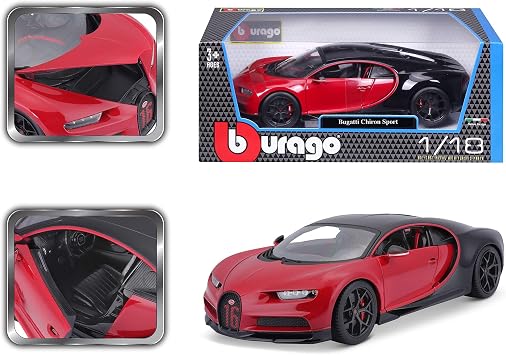 Bburago Bugatti Chiron Sport: Model car, 1:18 scale, doors and engine hood can be opened, rotated, 26 cm, black/red (18-11044R)