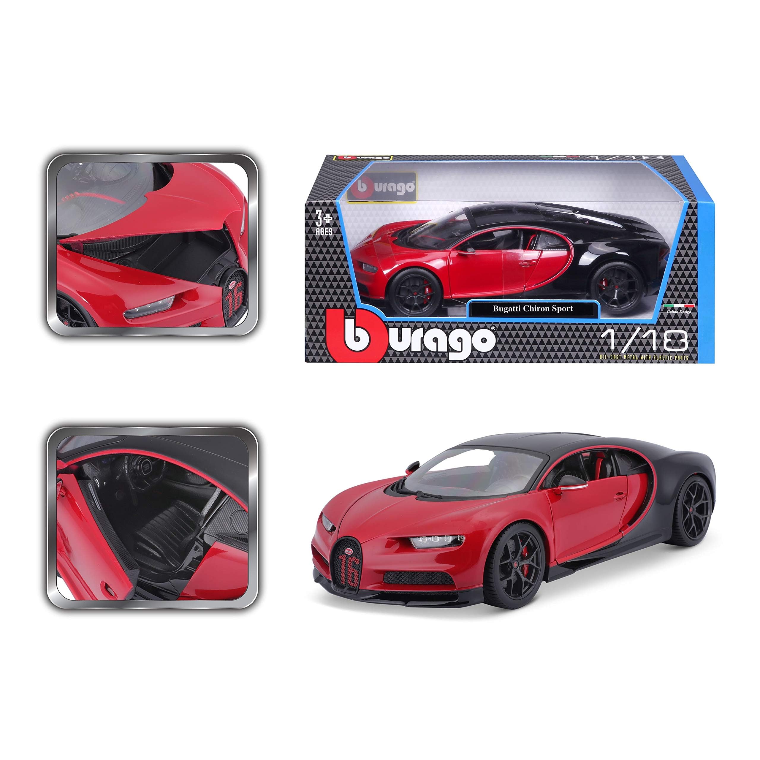 Bburago Bugatti Chiron Sport: Modellauto im Maßstab 1:18, Türen und Motorhaube zum Öffnen, lenkbar, 26 cm, schwarz/rot (18-11044R)