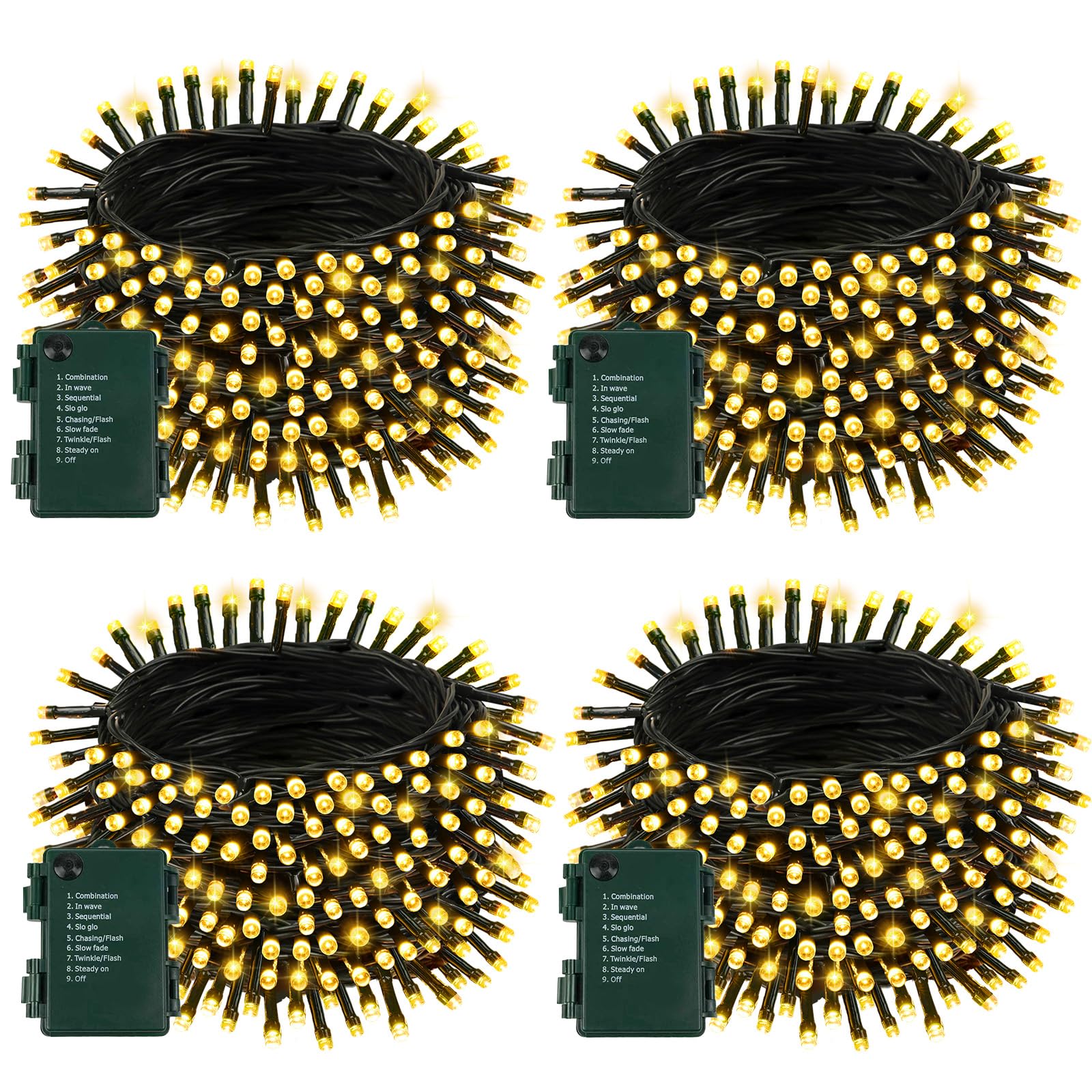 4 unidades de 400 luces LED de 132 pies impermeables con batería parpadeante (blanco cálido)
