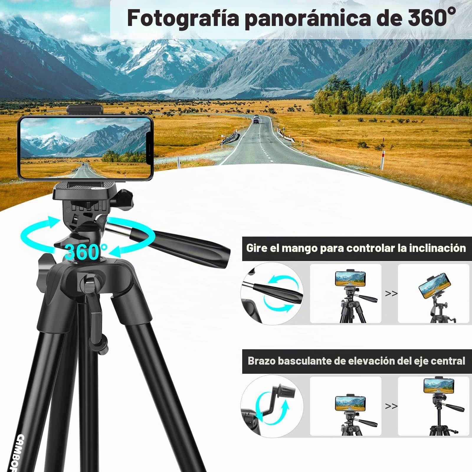 CAMBOFOTO Trípode para Teléfonos Móviles 135 cm, Aleación de Aluminio Ligero con Soporte para Móviles, Compatible con iPhone, Android, Smartphones, Cámaras DSLR y Sin Espejo