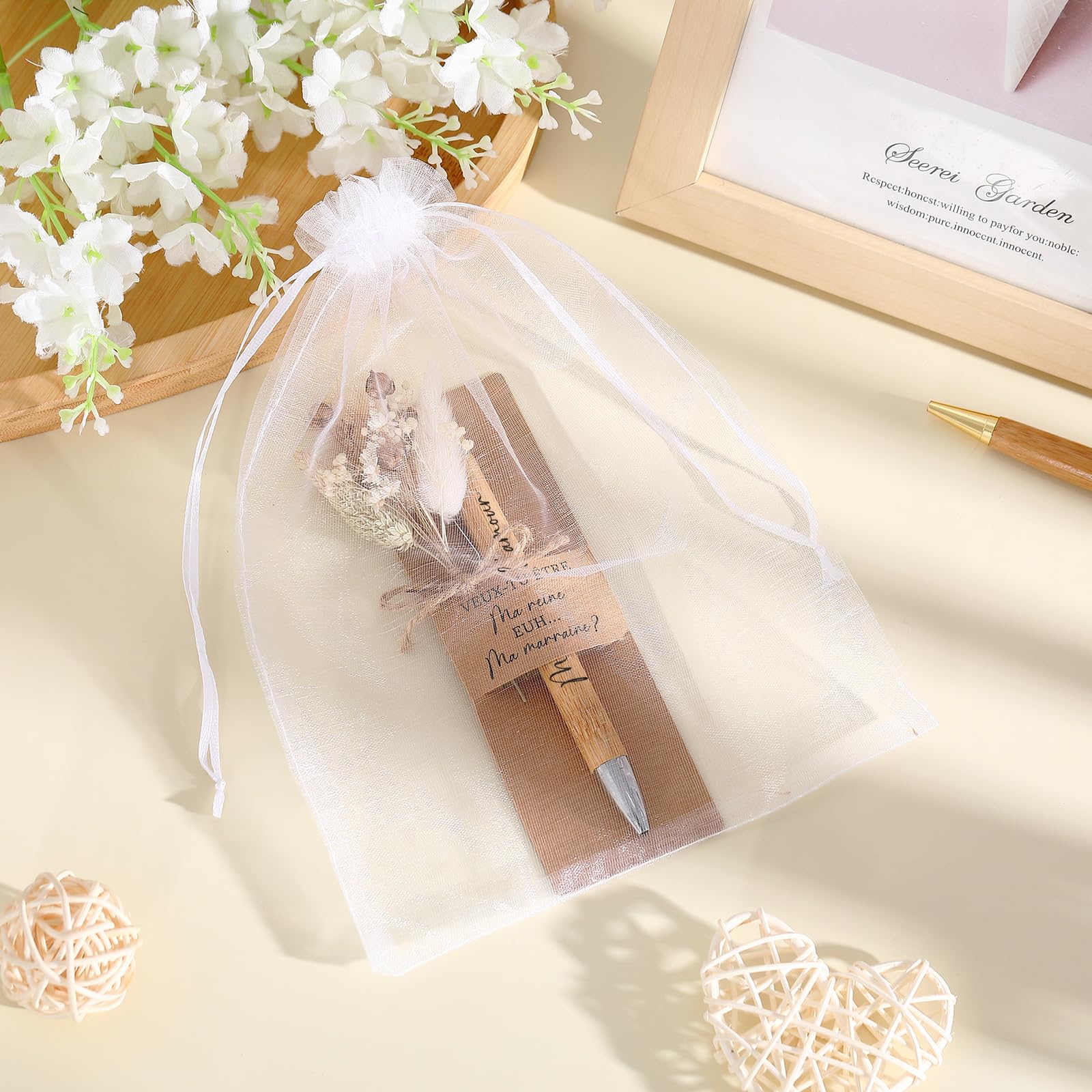Cadeau Demande Marraine - Stylo Bois, Carte, Fleur Séchée | Pochette Velours, Idéal Baptême, Communion - 8