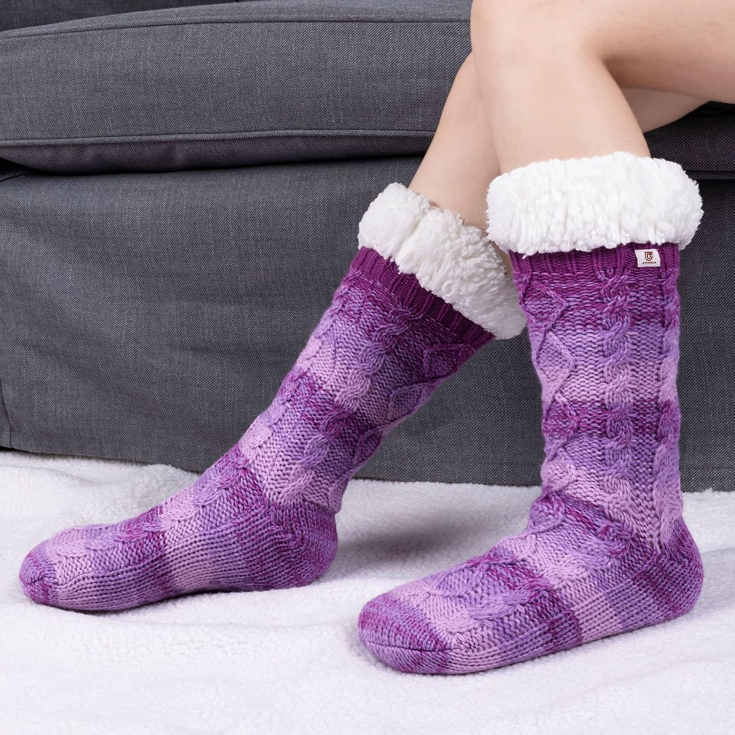 ULTRAIDEAS Women's Woolen Slipper Socks for Winter, Ladies’ Knit House Stockings with Non-Slip Grippers