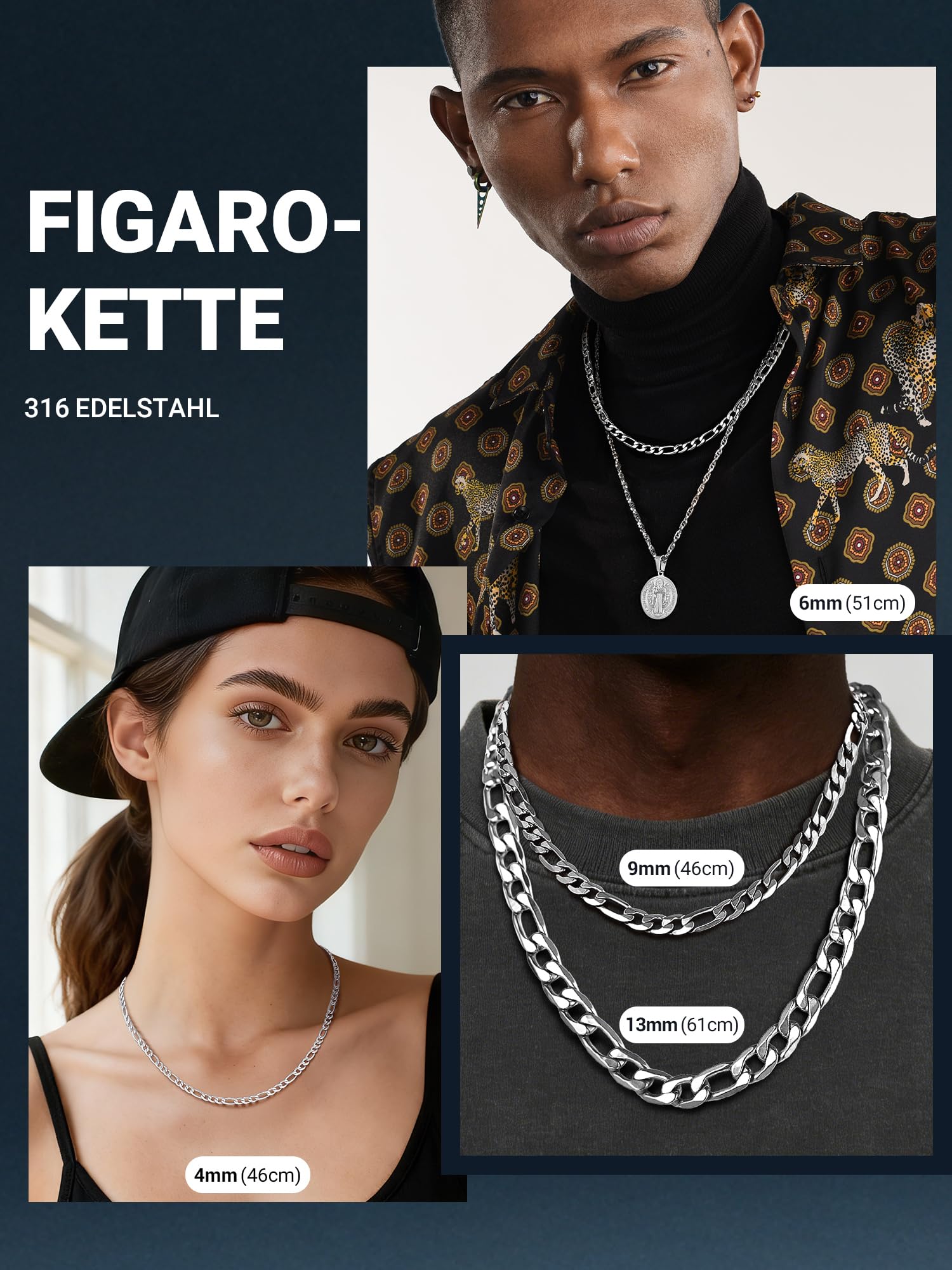 PROSTEEL Herren Halskette Figaro Kette Edelstahl Ketten Silber/Gold/Schwarz Breite 4mm/6mm/9mm/13mm Länge 36-76cm Schmuck für Männer