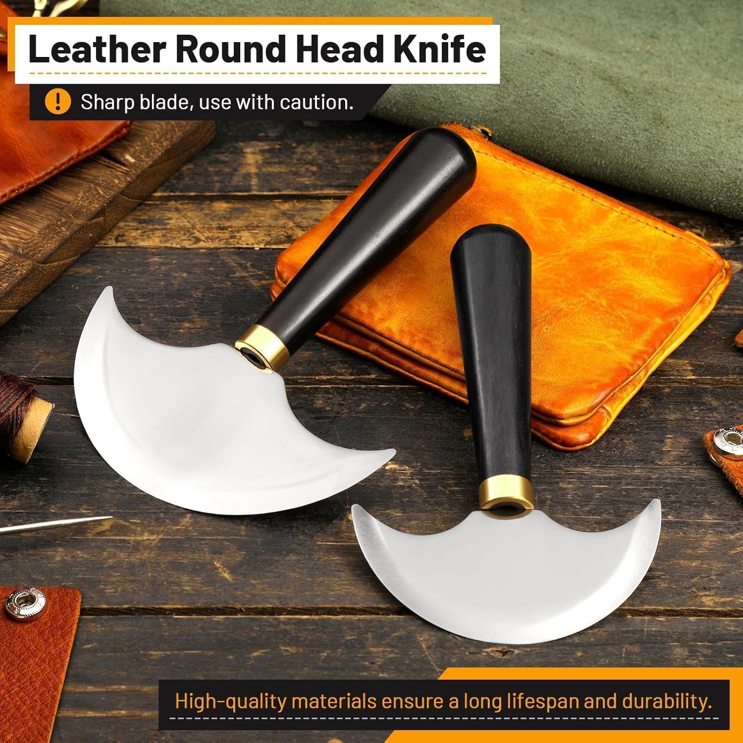 Round Leather Knife with Ebony Wooden Handle, Sharp Round Head Craft Skiving Cutting Tools, Leather Working Tools for Cutting, Skiving, Crafting & Artistic Project (S+L)