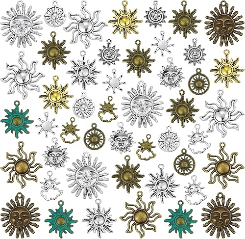 Dijes de sol celestial, 42 piezas mezcladas de oro antiguo plateado bronce colores sol sonrisa colgantes DIY para collares, pulseras y fabricación