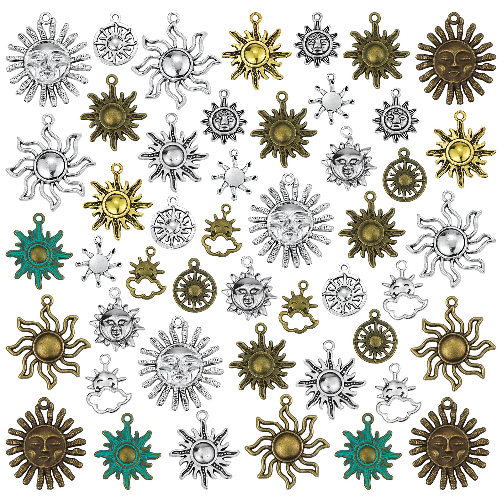 JIALEEY Celestial Sun Charms 42pcs Mixed Antique Gold Silver Bronze Colors Sun Smile Pendants DIY for Necklace Bracelet Jewelry Making