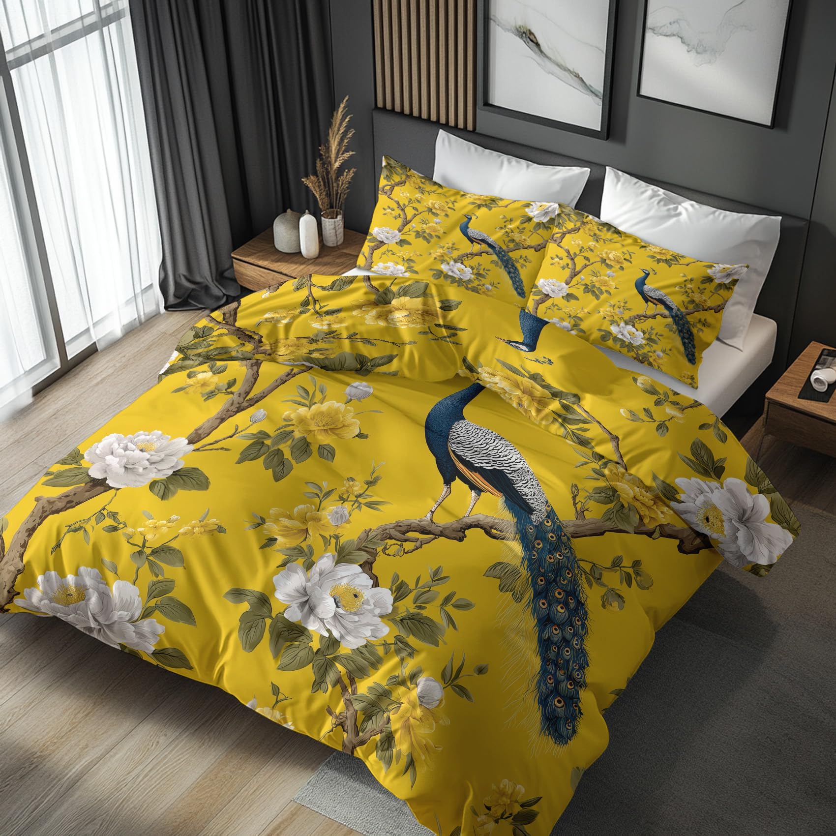 Housse de couette 220x240 paon avec taies d'oreiller pour parure de lit 2 personnes