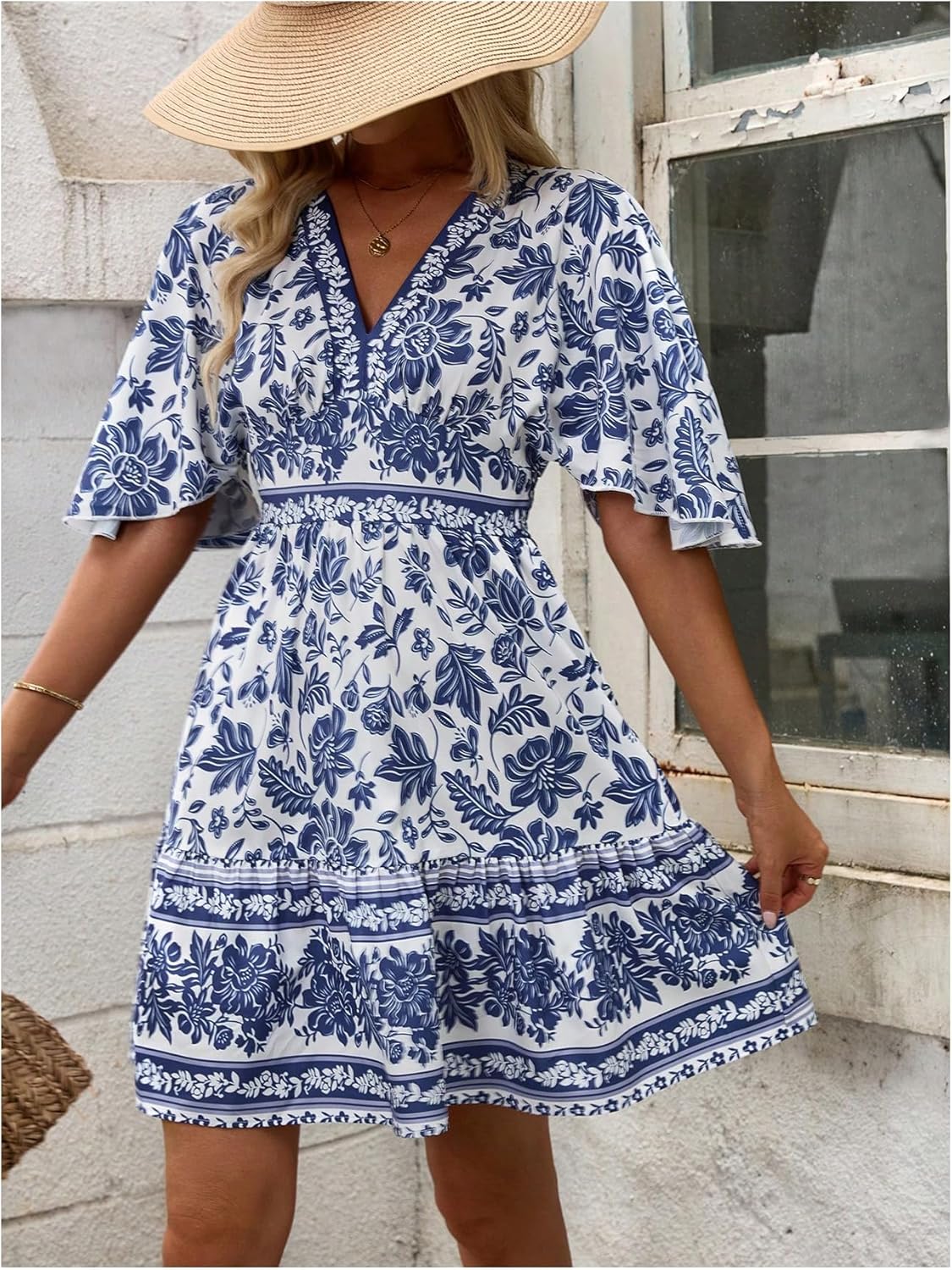 Floerns Women's Floral A Line Dress Butterfly Sleeve V Neck Beach Vacation Short Dresses - Image 2