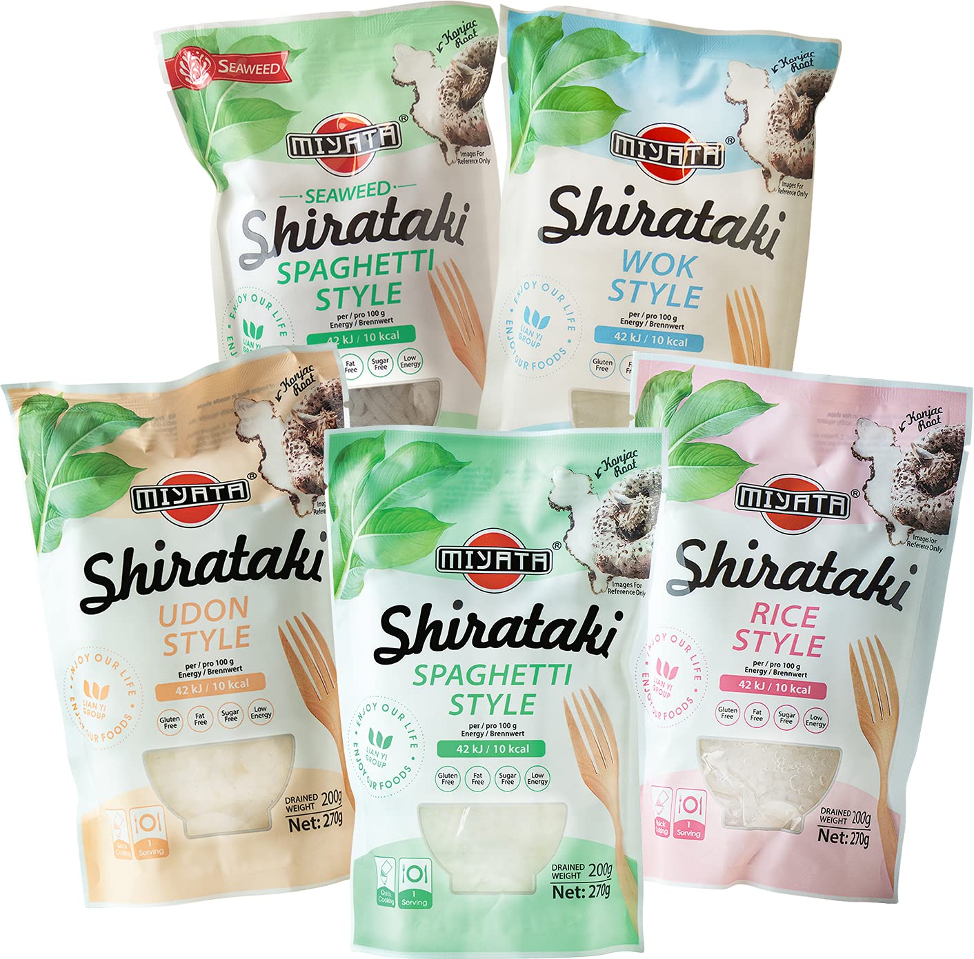 Miyata Shirataki Mischkarton mit 5 verschiedenen Sorten, Nudeln aus Konjakmehl, 5er Pack (5 x 270g)