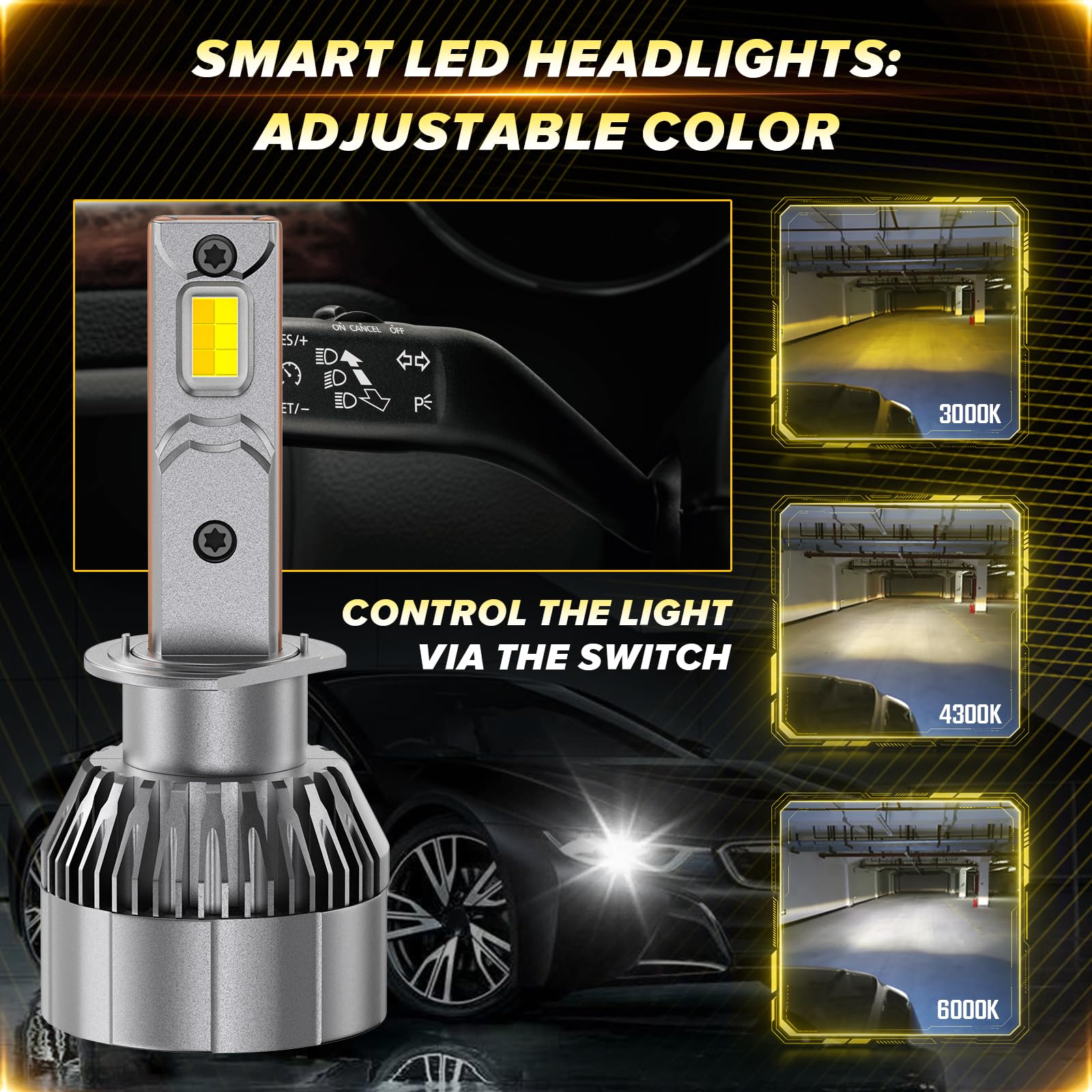 Ampoule de phare H1 LED, 2 PCS Nouvelle Mise à Niveau Tricolore (6500K 4300K 3000K) Ampoule de phare H1 Canbus Sans Erreur 12-24V 120W 800% de Luminosité LED Kit de Faisceau Haut/Bas