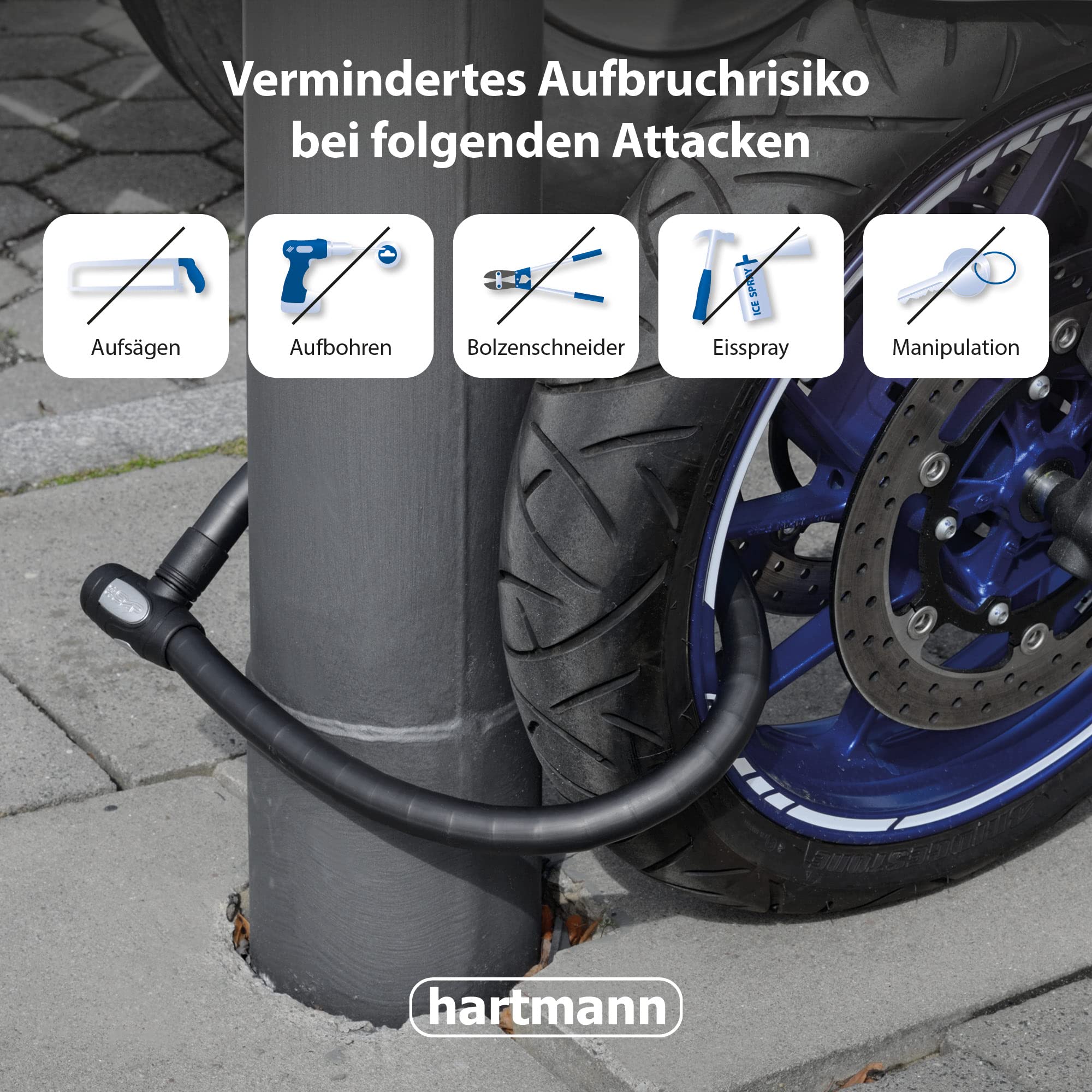 Hartmann Panzerkabelschloss Fahrrad 100 cm, Fahrradschloss mit Anbohr- & Pickingschutz, Panzerschloss mit Schlagfestem Schlosskörper, Genügt Höchsten Sicherheitsansprüchen Sport & Freizeit