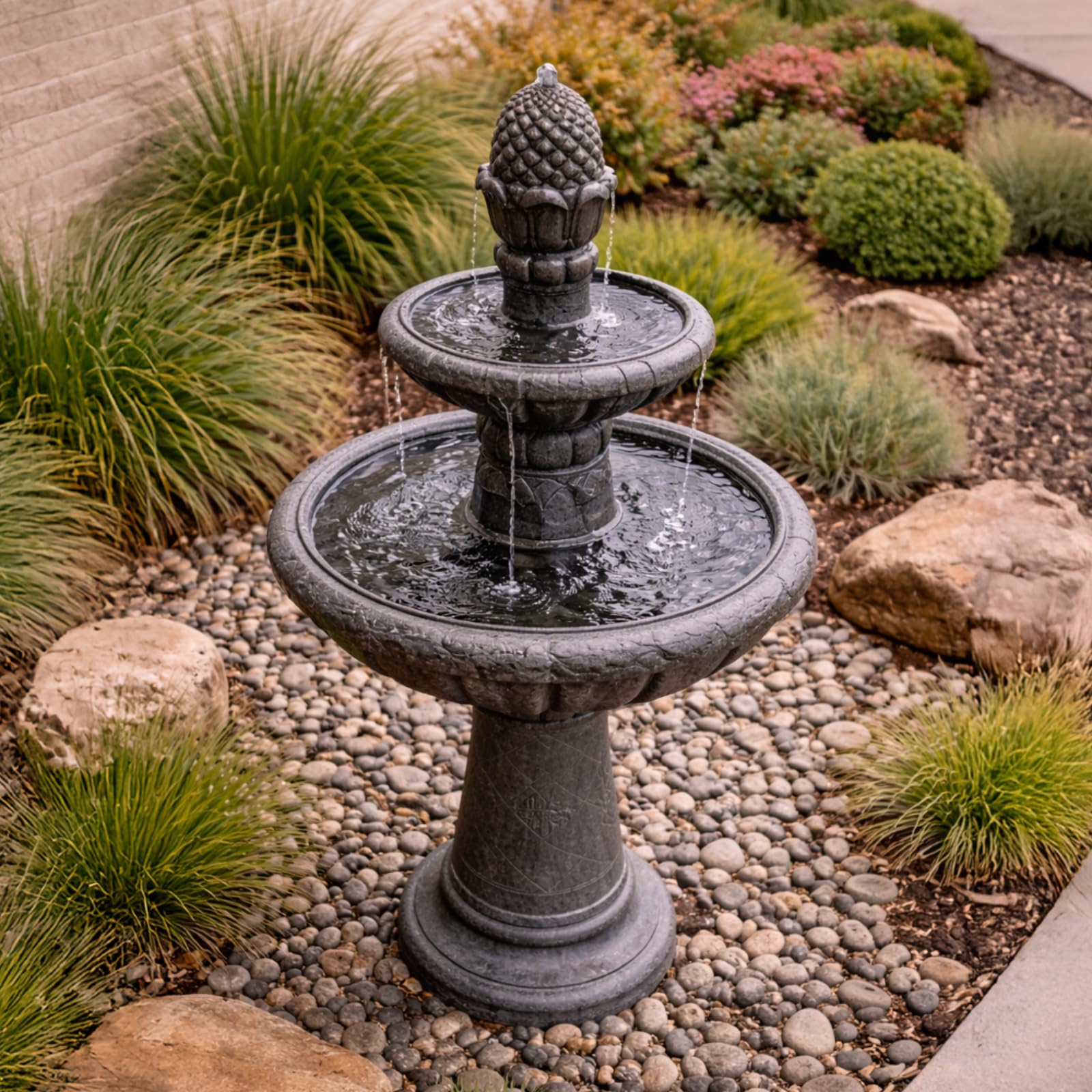 Teamson Home 39" Outdoor Water Fountain, 2 Tier Pineapple Pedestal Waterfall Fountain with Pump, Garden Patio Yard Décor, Durable Polyresin, Weatherproof, Iron Gray