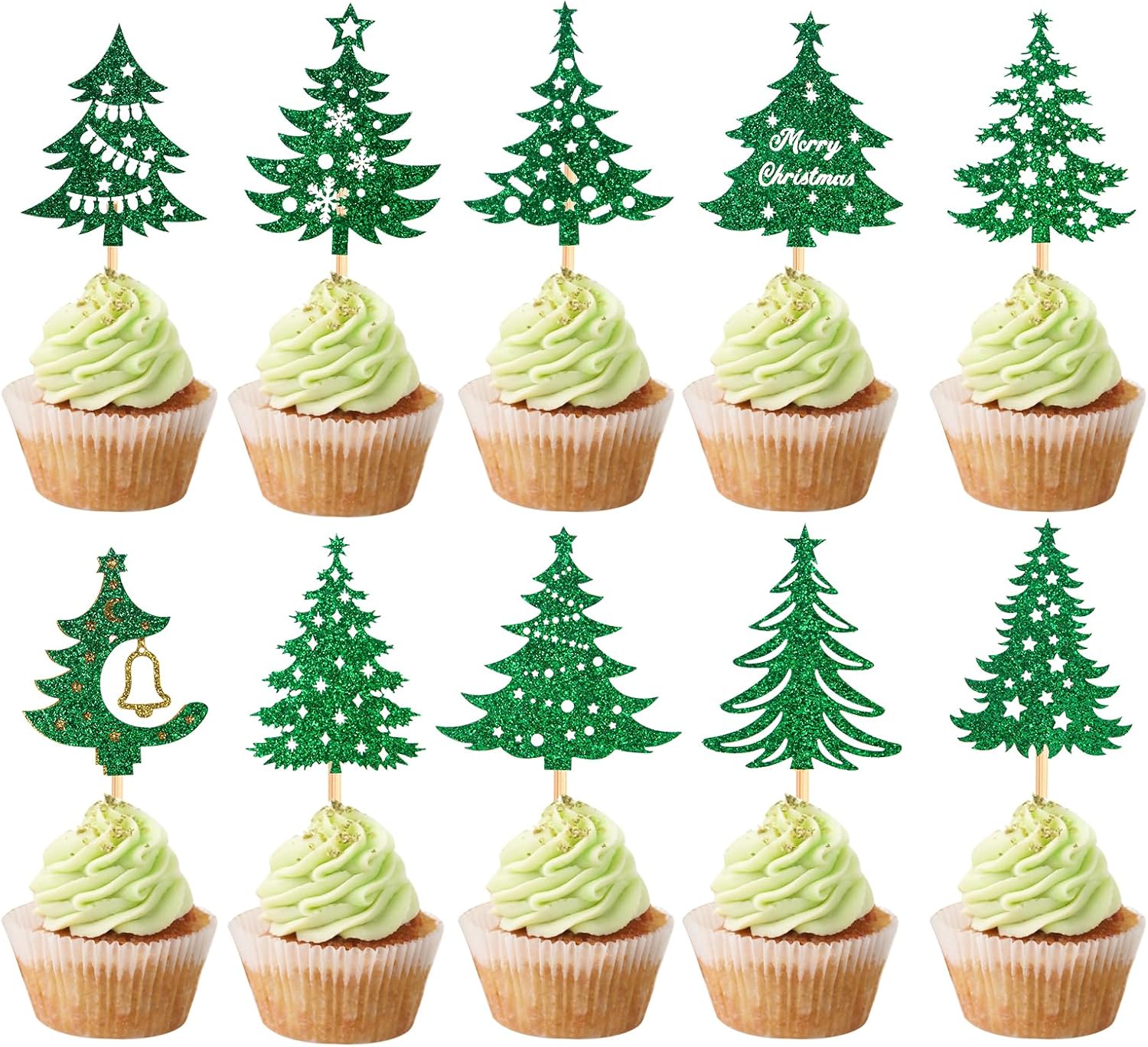60Pcs Christmas Tree Cupcake Toppers,Green Glitter Christmas Tree